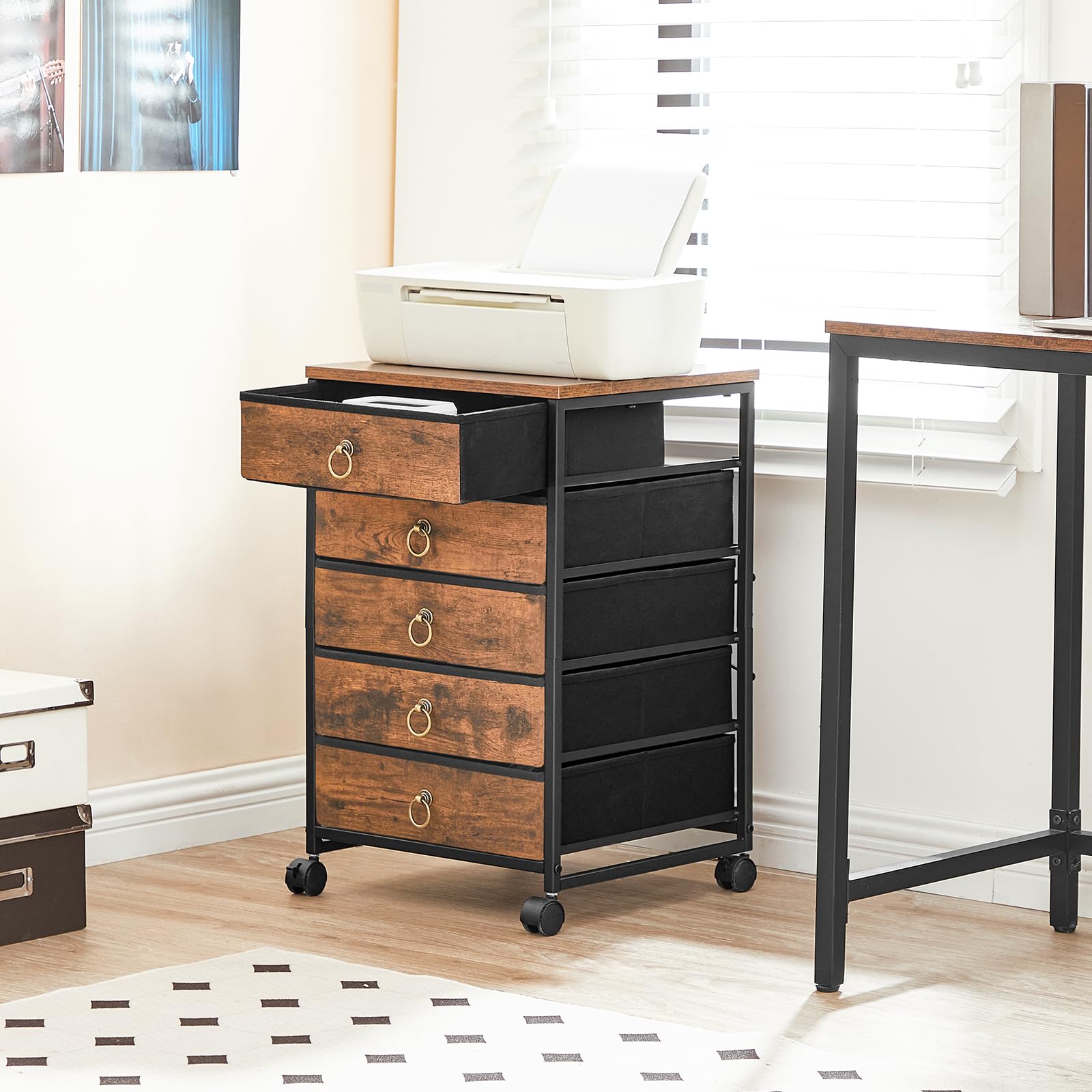 HOOBRO 5-Drawer Chest - Rustic Brown File Cabinet with Wheels, Office Storage Organizer, Rolling Printer Stand for Home & Workspace - Easy Assembly Nonwoven Drawers - Perfect for Living Room, Bedroom & Home Office Organization (Model BF50WJ01)