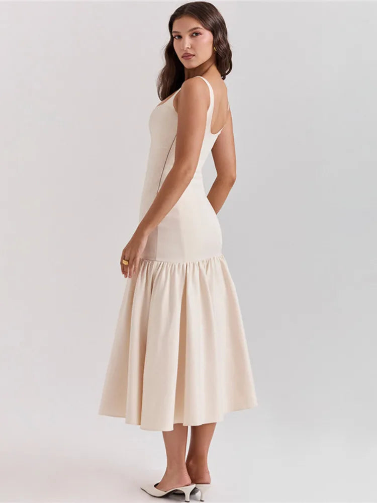 Elegant Backless Maxi Fishtail Dress for Women - Square Collar Sleeveless Loose Pleated Long Gown | Perfect for Evening Parties, Weddings & Special Occasions