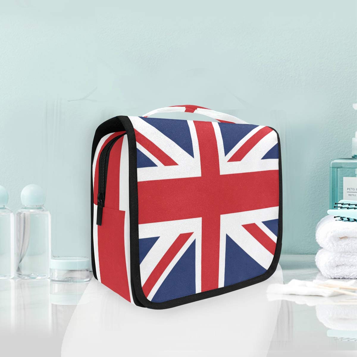 ALARGE Hanging Toiletry Bag with British Union Jack Flag Design - Large Portable Travel Cosmetic Organizer for Women & Men - Perfect for Camping, Gym, Business Trips and Vacation Essentials Storage