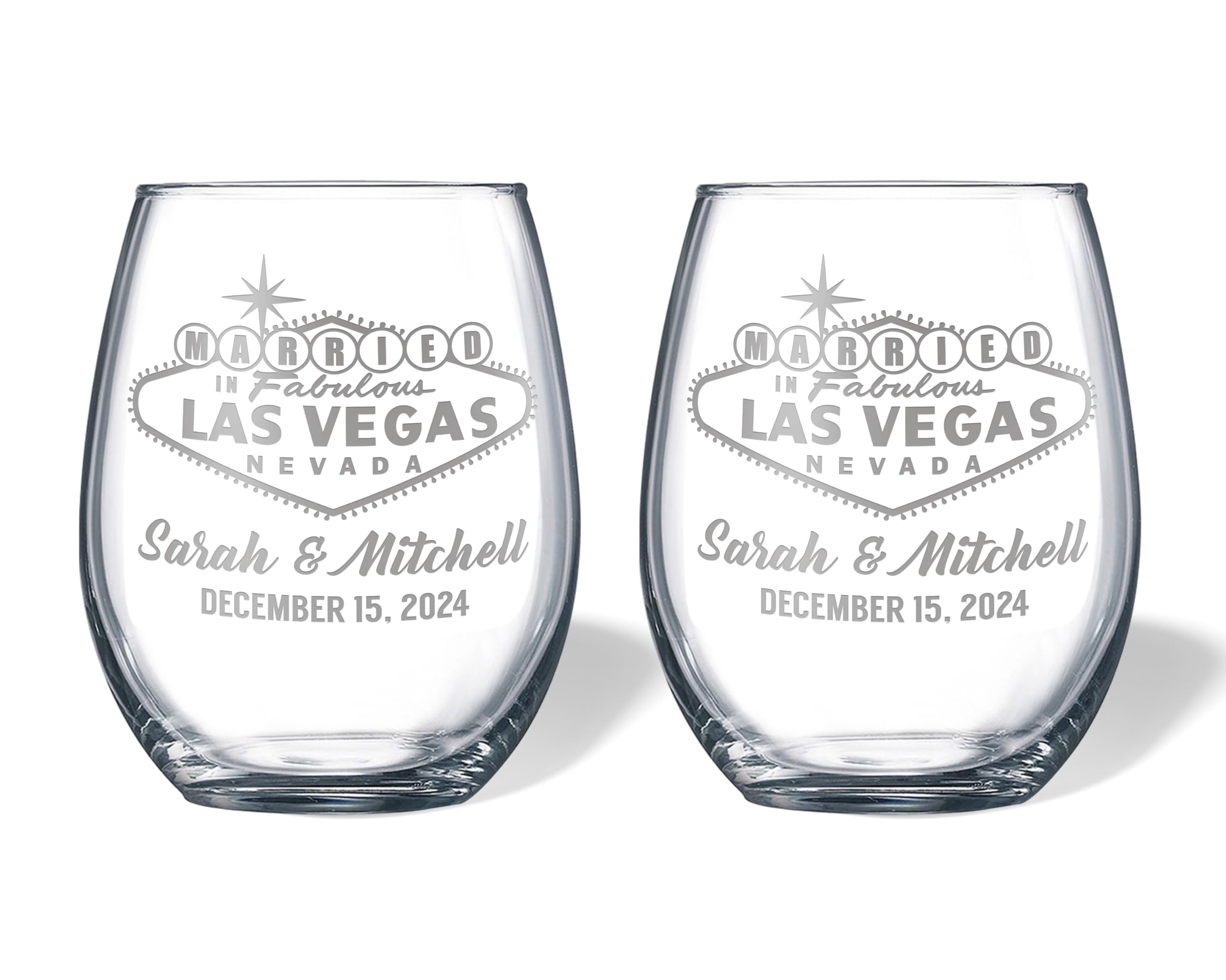 Personalized Las Vegas Wedding Beer Glasses - Engraved Stemless Wine Glasses for Bride & Groom, Married in Vegas Anniversary Gift for Couples - Perfect for Vegas-Themed Weddings, Bachelor/Bachelorette Parties & Romantic Toasts