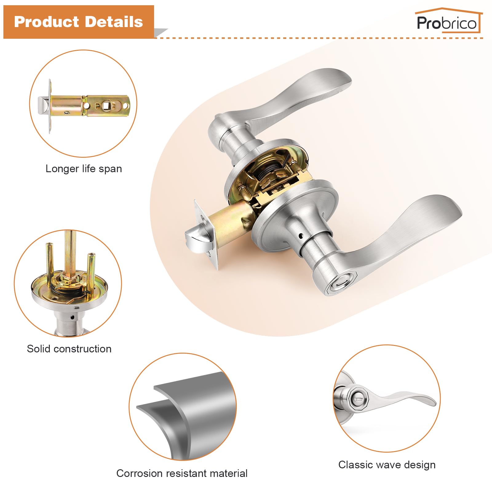 Probrico 10-Pack Satin Nickel Wave Style Privacy Door Levers - Bedroom & Bathroom Door Handles with Lock - Durable Interior Door Hardware for Homes, Hotels, and Offices
