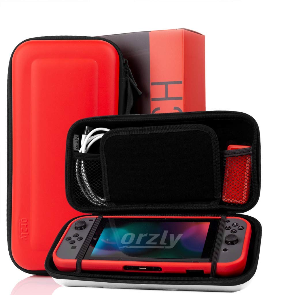 Orzly Nintendo Switch Accessory Bundle - Hard Travel Case, Tempered Glass Screen Protectors, USB-C Cable, Comfort Grip, Earbuds & Stylus (Red/Black/White) - Perfect for Switch Gaming Protection & On-the-Go Play