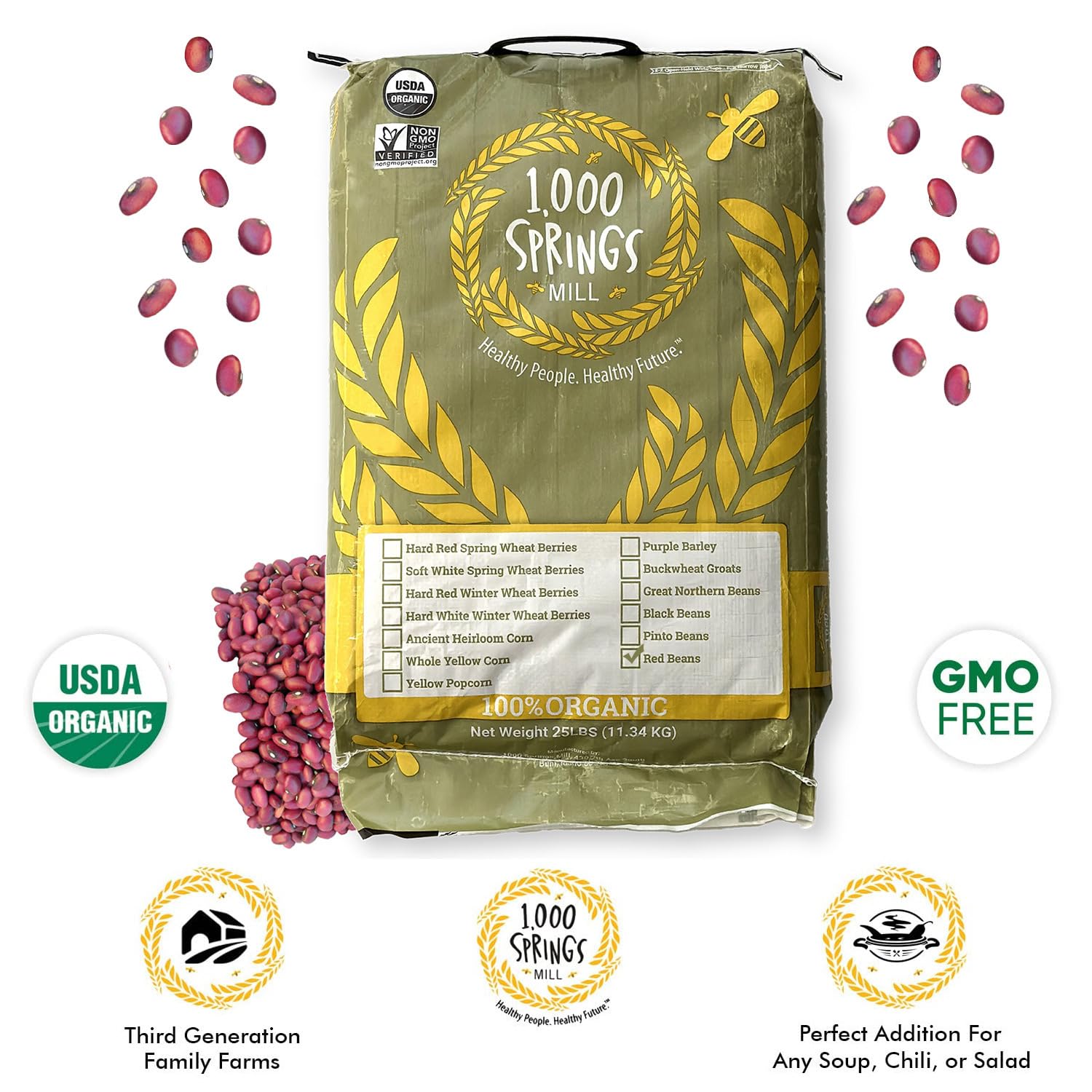 1000 SPRINGS MILL - Organic Red Beans 25lb Bulk Bag | Premium Quality Dry Red Beans for Soups, Salads, Chili & Desserts | Vegan & Gluten-Free | Perfect for Home Cooking, Meal Prep & Restaurant Use | 25 Pound Bulk Pack