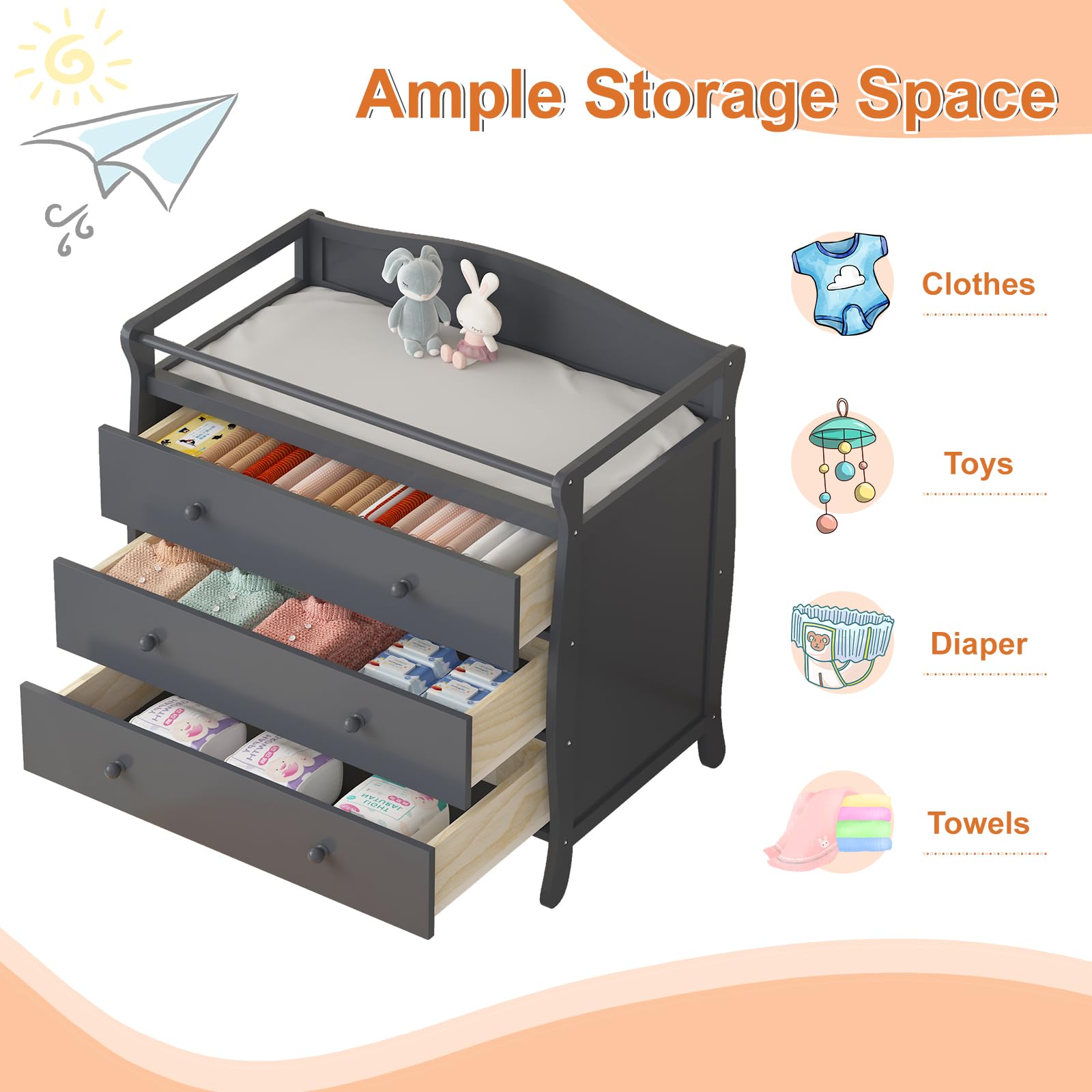 GARVEE 3-Drawer Baby Changing Table with Safety Rails & Strap - Nursery Dresser with Changing Top, Wooden Diaper Station for Infant Care | Perfect for Nursery Organization & Baby Room Decor