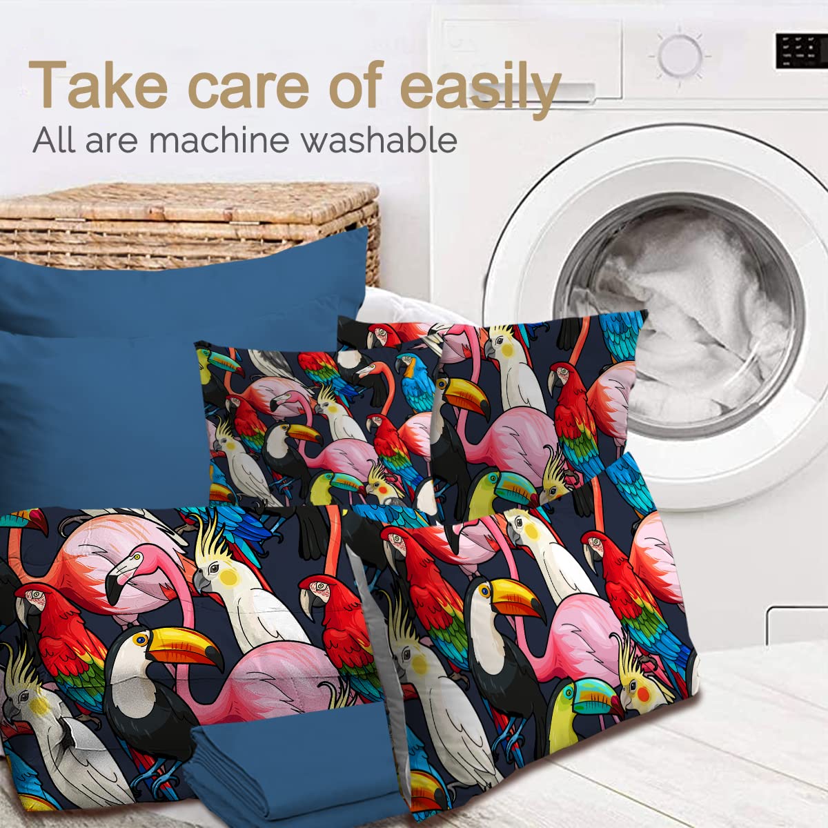 BlessLiving 8-Piece Tropical Bird Comforter Set - Exotic Wildlife Queen Size Bedding with Comforter, Sheets, Pillowcases, Shams & Cushion Cover - Perfect for Jungle Themed Bedrooms & Wildlife Lovers