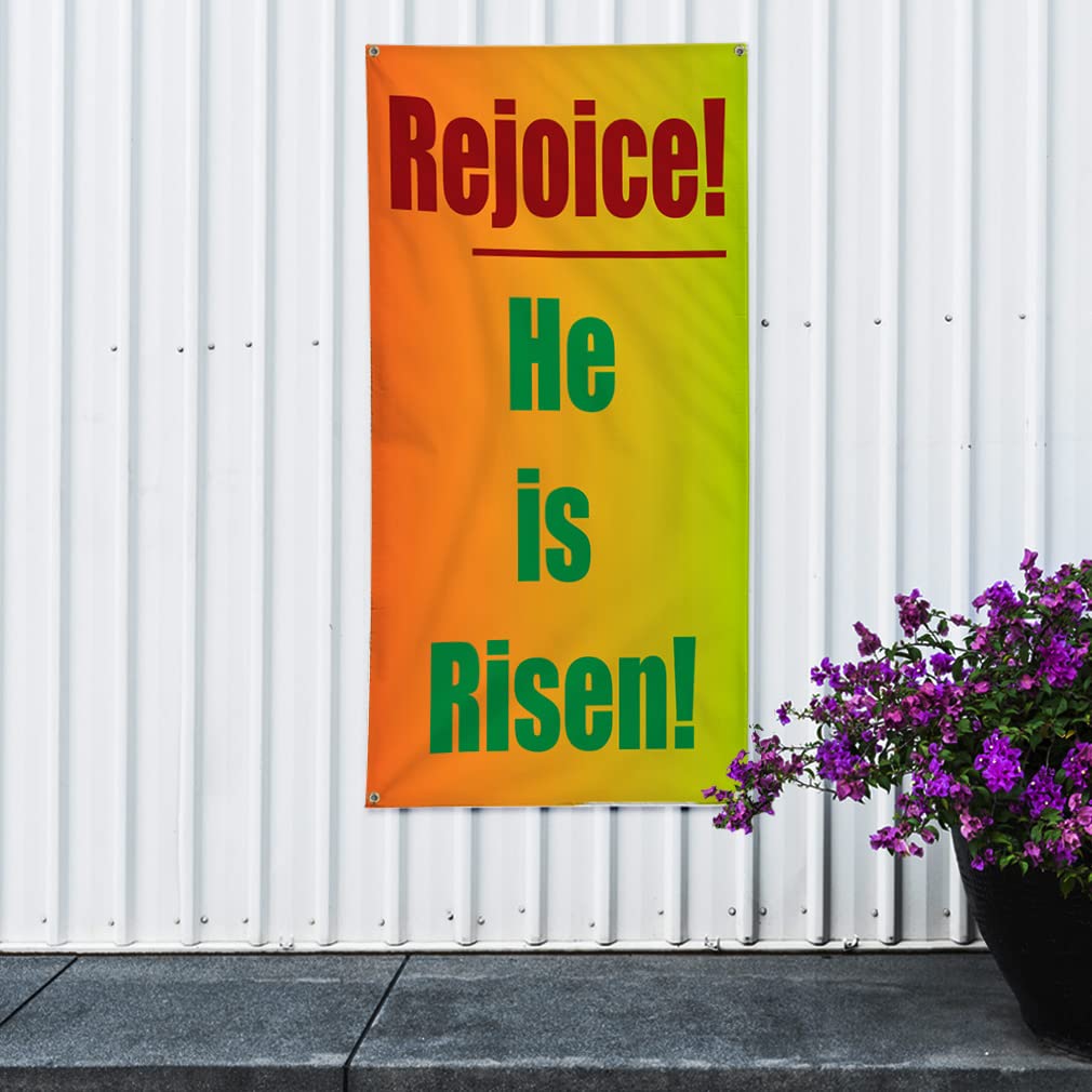Vertical Vinyl Banner - Weatherproof Outdoor Religious Sign with 10 Grommets (144x60 Inches) - Easter Christ 'Rejoice He Is Risen' Inspiration - Perfect for Church Events, Yard Decor & Religious Celebrations