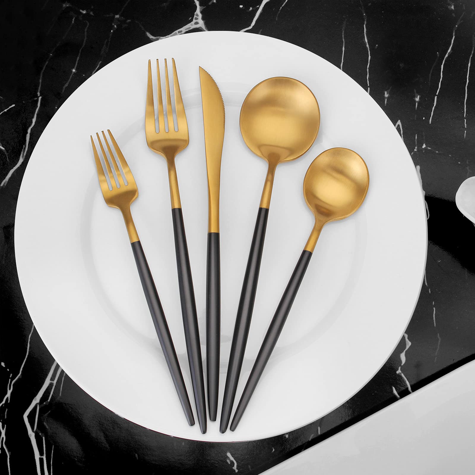 Vanys 30-Piece Matte Gold Stainless Steel Flatware Set with Black Handles - Knives, Forks & Spoons for 6 People - Satin Finish Cutlery Set for Dinner Parties, Weddings & Everyday Dining