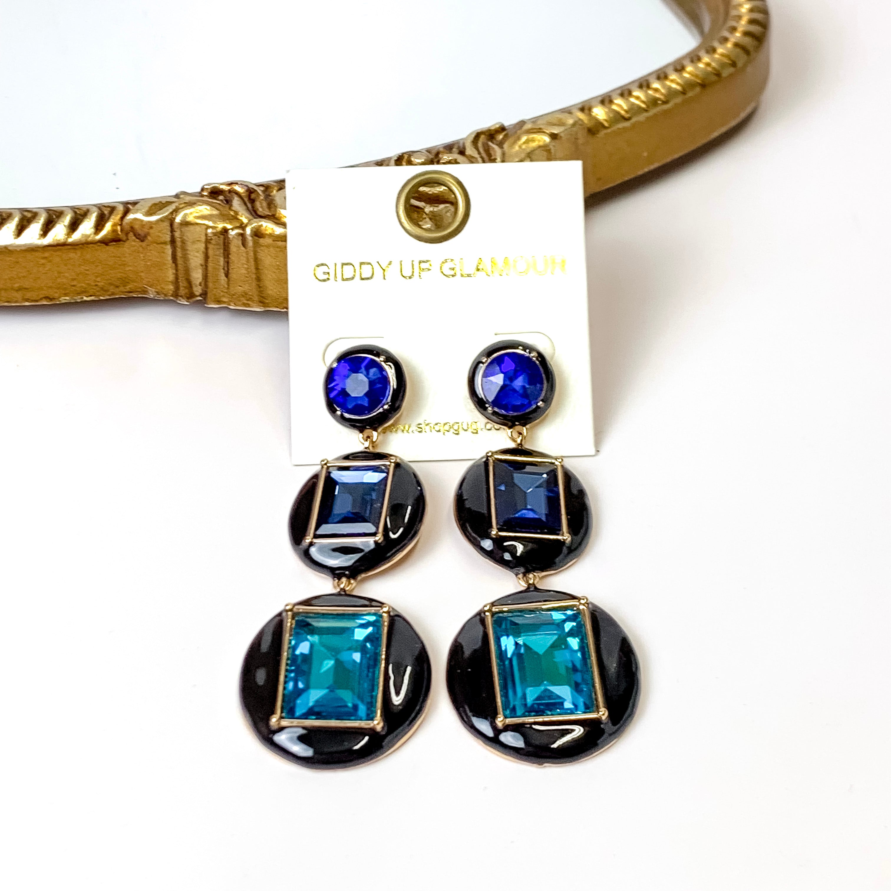 3 Tier Multicolor Enamel Framed Stone Drop Earrings in Jet Black - Elegant Dangling Jewelry for Women, Perfect for Parties, Weddings & Special Occasions