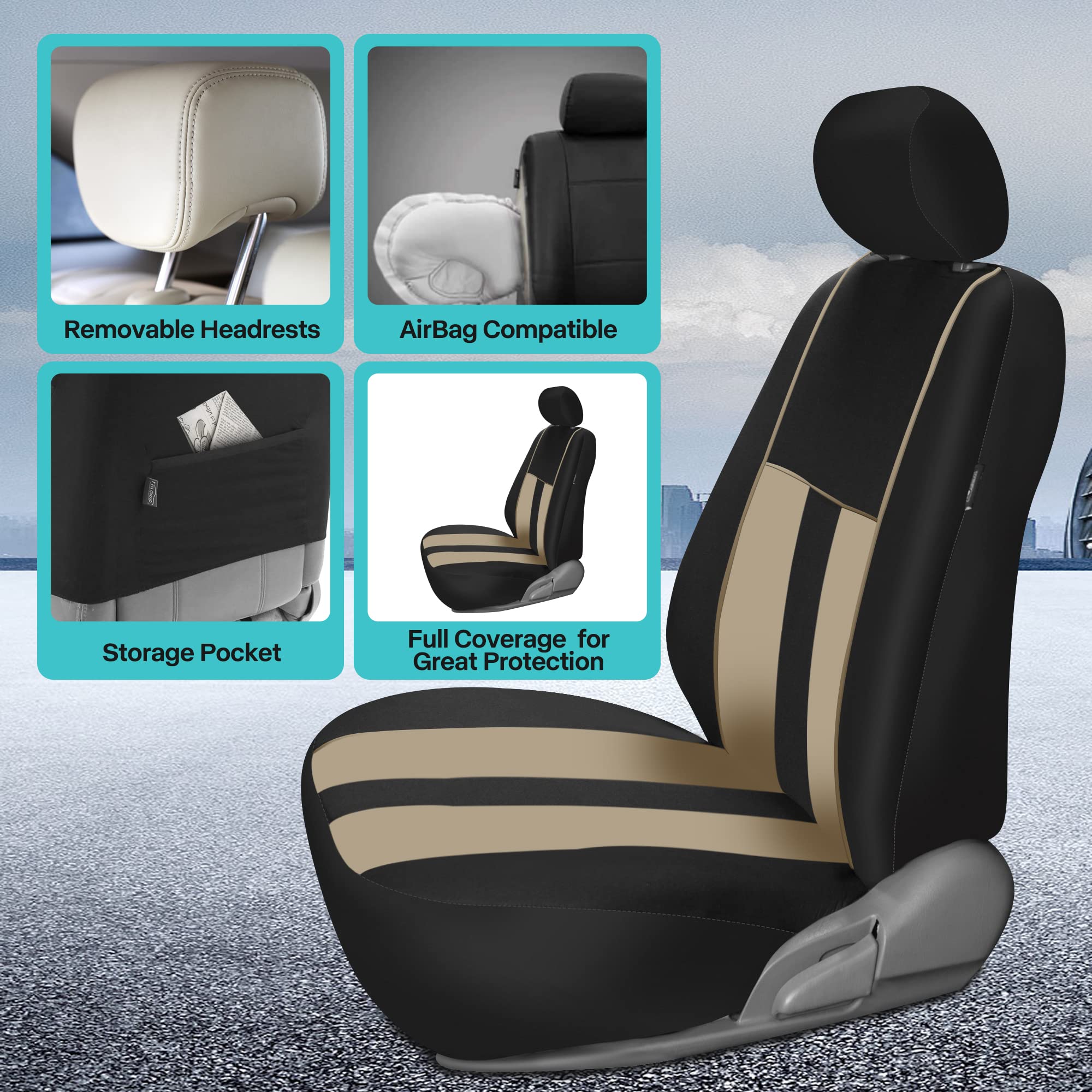 Premium FH Group Car Seat Covers - Airbag Compatible Front Pair Set, Beige & Black Striped Design | Universal Fit for Cars, Trucks & SUVs | Perfect for Daily Commute, Road Trips & Interior Protection