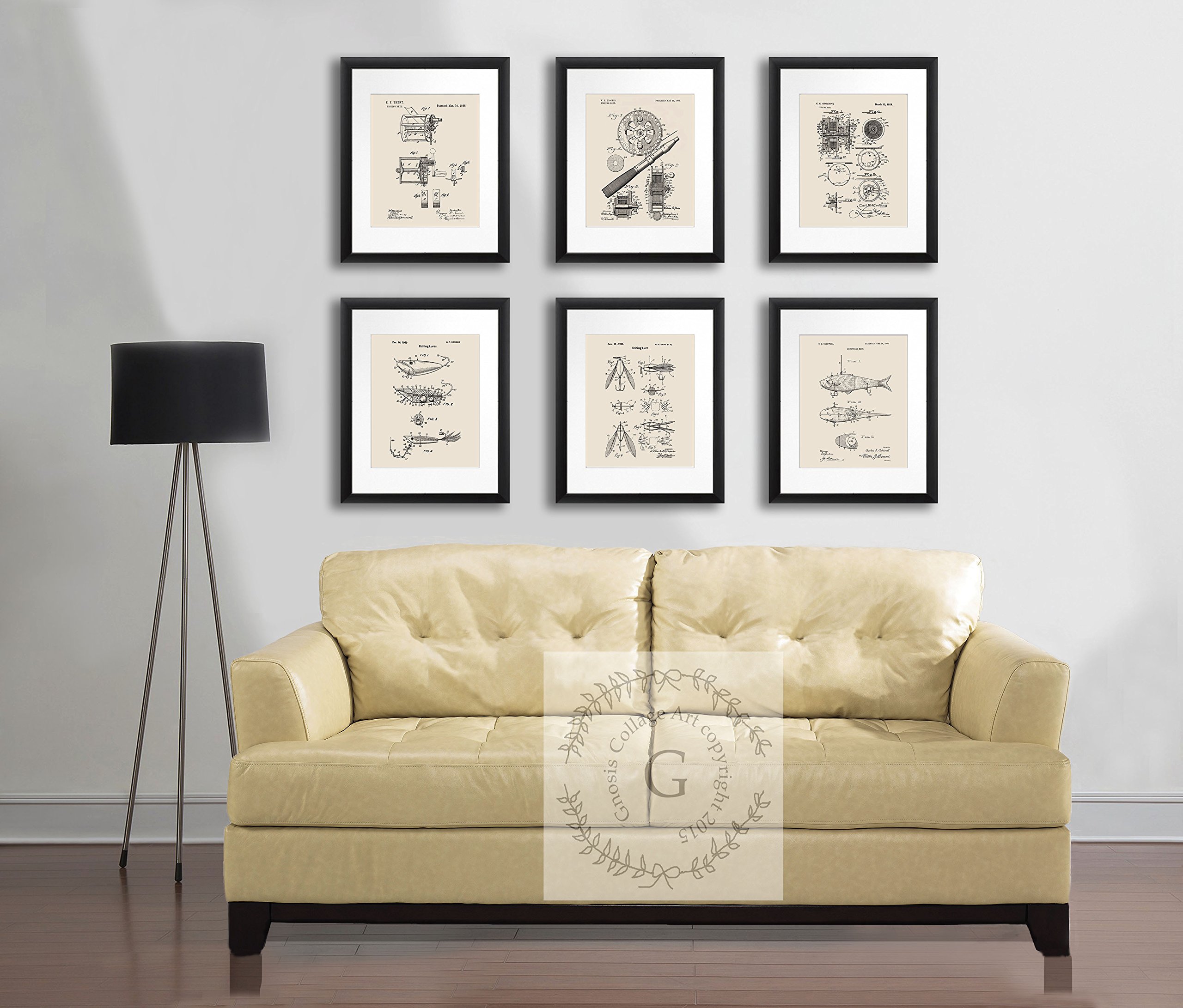 Fishing Wall Art Decor - Set of 6 Unframed Lure & Reel Prints in Cream Beige - Perfect Gift for Anglers & Dad - Ideal for Man Cave, Office, or Cabin Decor