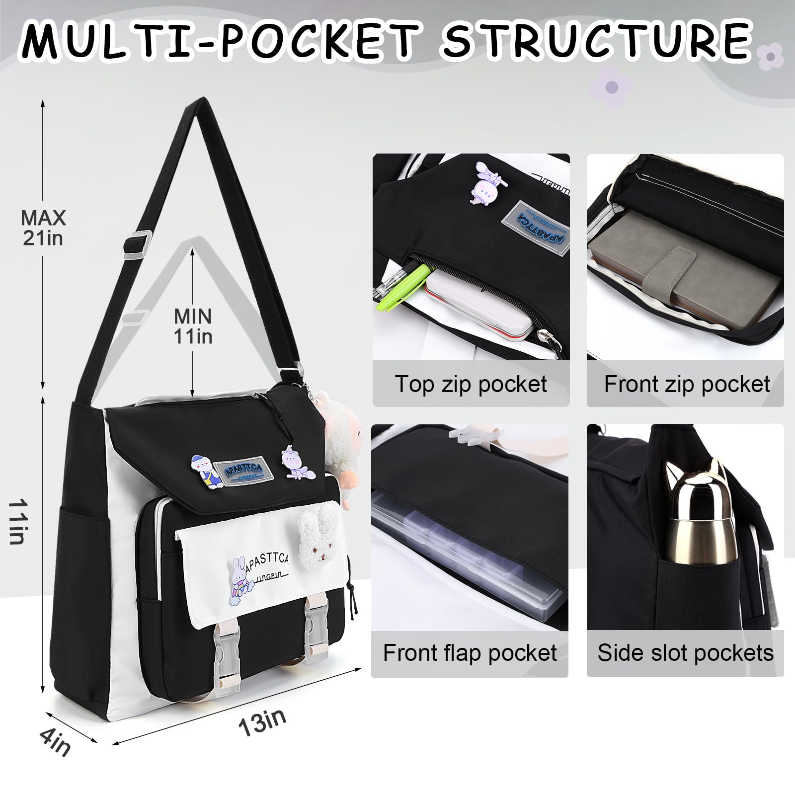 Kawaii Crossbody Bag for Women - Stylish Nylon Messenger Bag with Pendant & Pins | Perfect for Casual Outings & Anime Conventions
