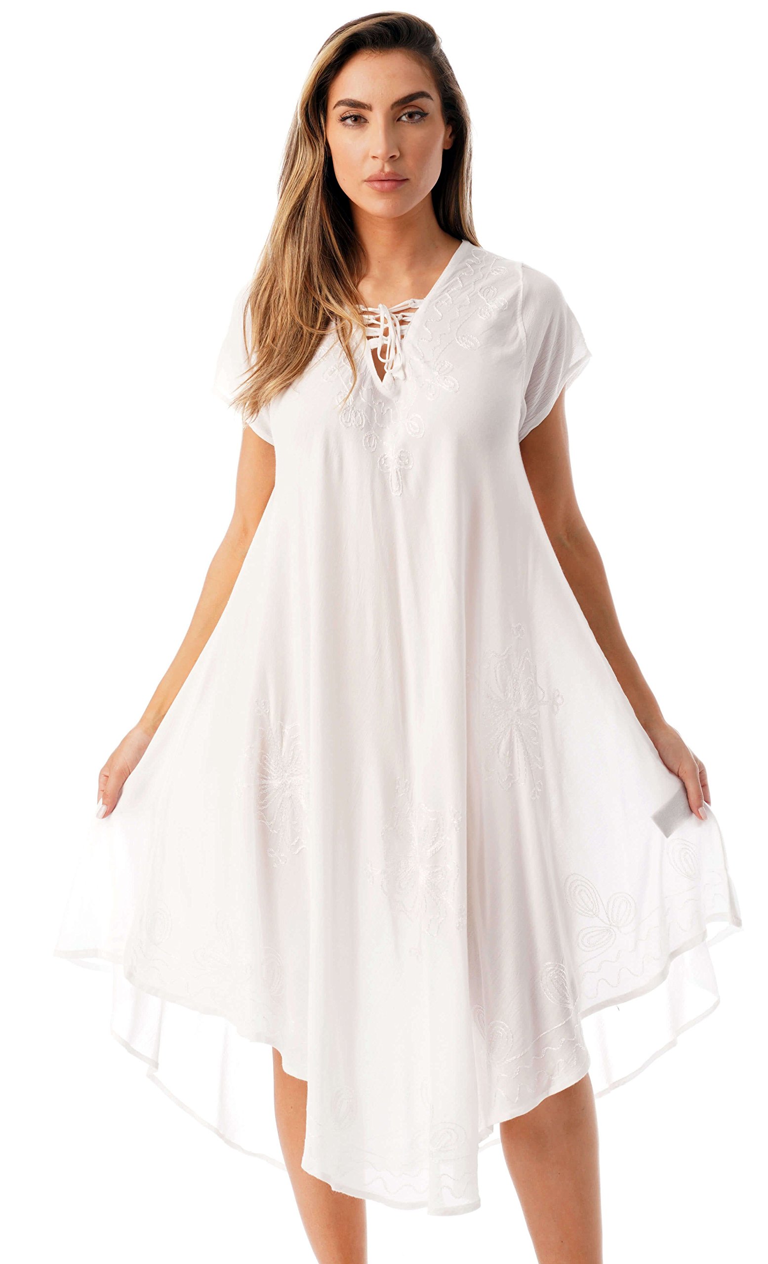 Riviera Sun Lace-Up Acid Wash Embroidered Short Sleeve Dress for Women | Boho Summer Beach Dress, Casual Day Outfit, Vacation Wear