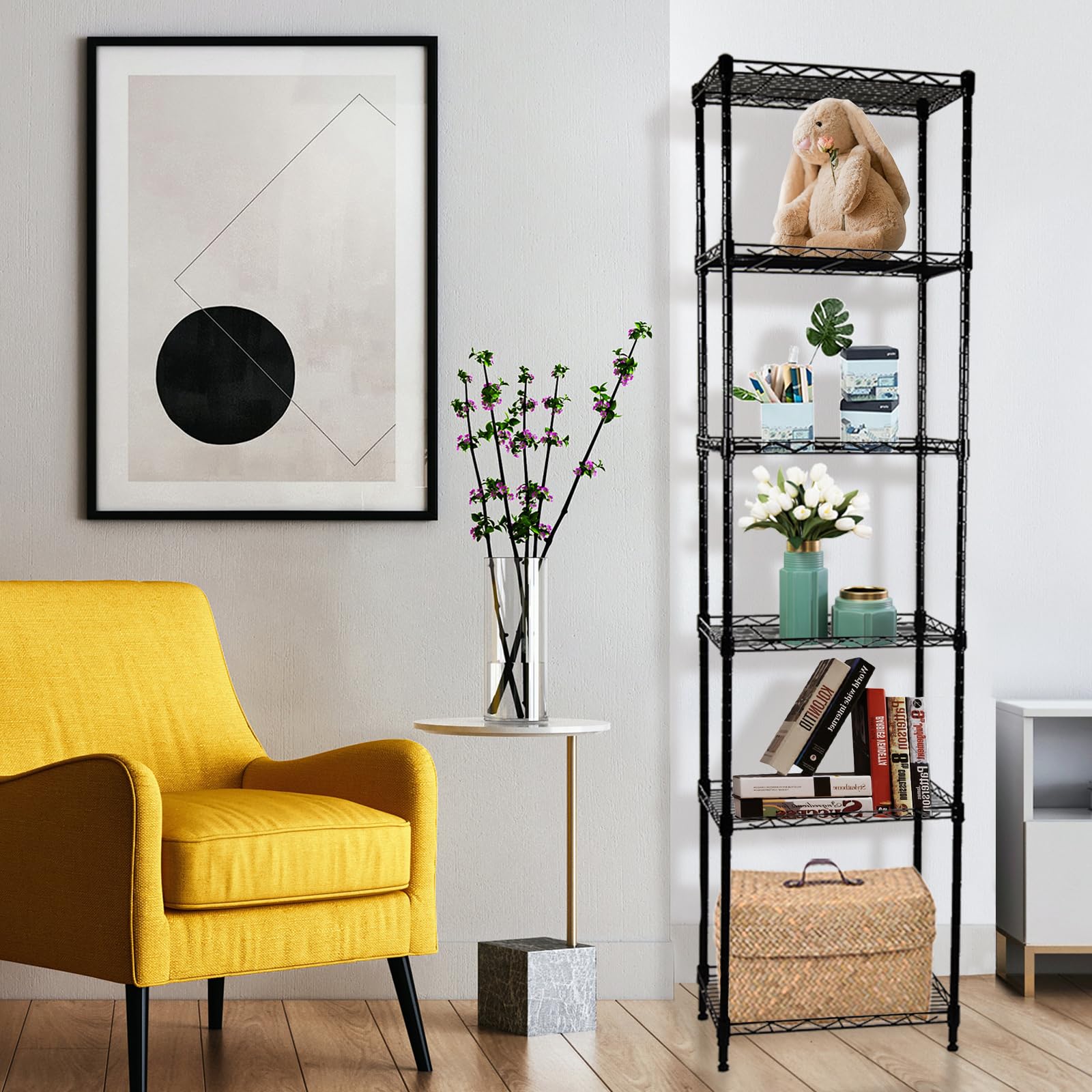 6-Tier Adjustable Metal Wire Shelving Unit - Heavy Duty Storage Rack for Kitchen, Pantry, Laundry, Bathroom & Closet Organization (Black, 16.6