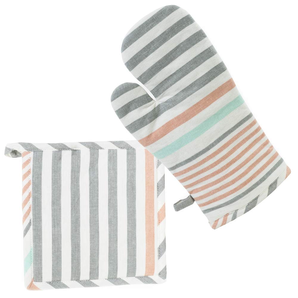 Premium Cotton Oven Mitt & Pot Holder Set of 2 - Boston International Hadley Stripe Design for Baking, Cooking & Kitchen Safety
