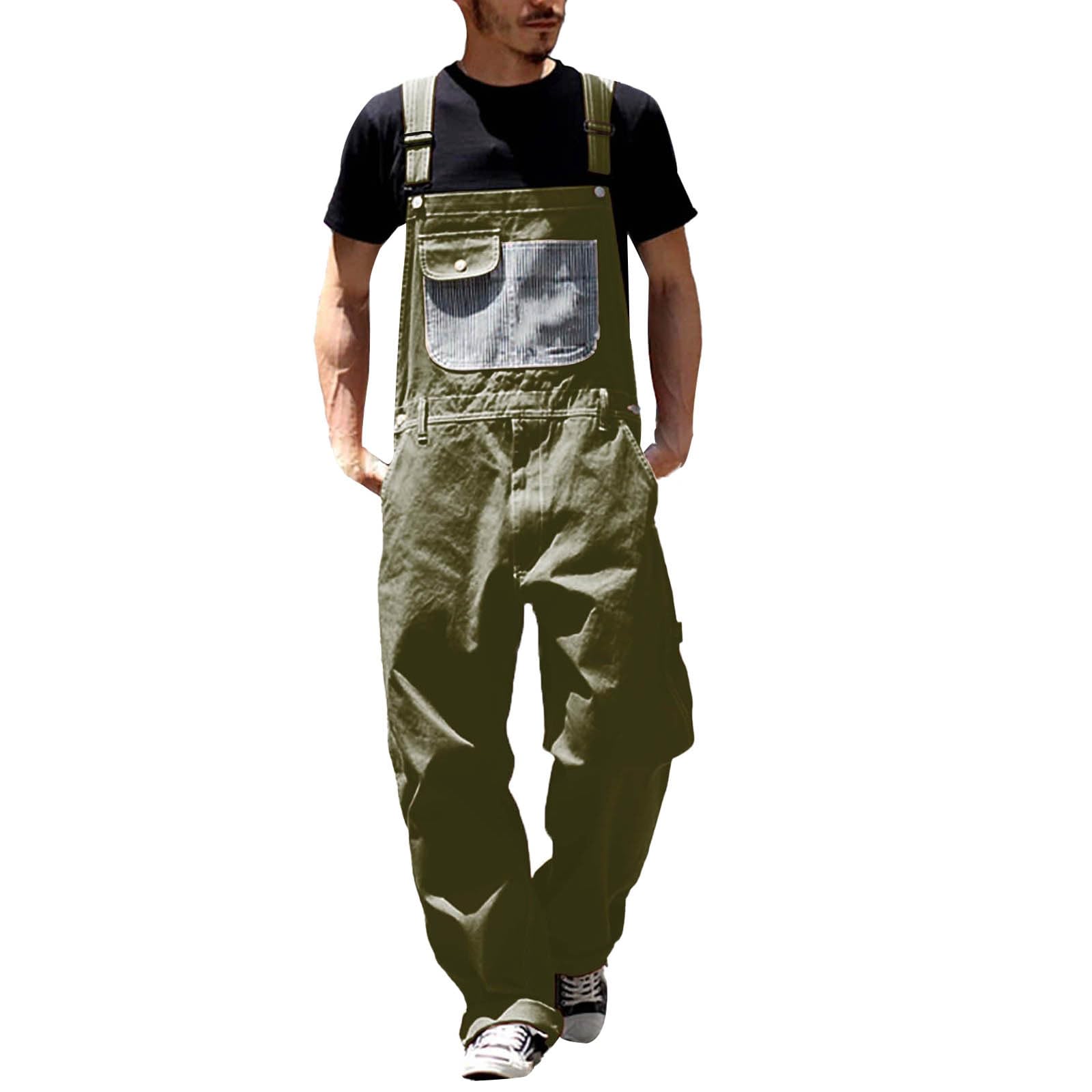 **Men's Denim Overalls - Work Jumpsuit with Braces, Long Leg & Multiple Pockets | Wide Cut Streetwear for Casual Wear, DIY Projects & Outdoor Activities**