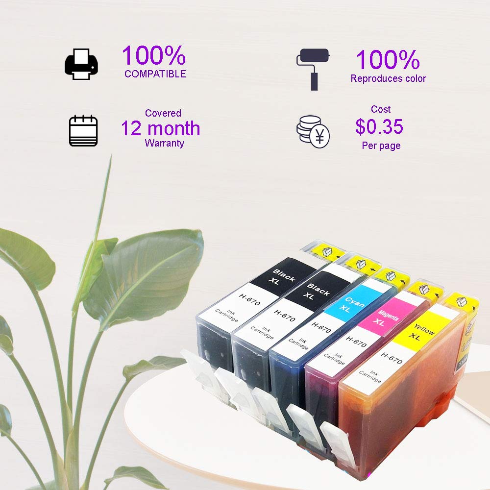 OGOUGUAN 5-Pack Compatible Ink Cartridges Replacement for HP 670 & HP 670 XL - Works with HP Deskjet 3525, 4615, 4625, 5525, 6525 Series Printers (2 Black, 1 Magenta, 1 Cyan, 1 Yellow) - Ideal for Home Office Printing, School Projects & Small Business Documents