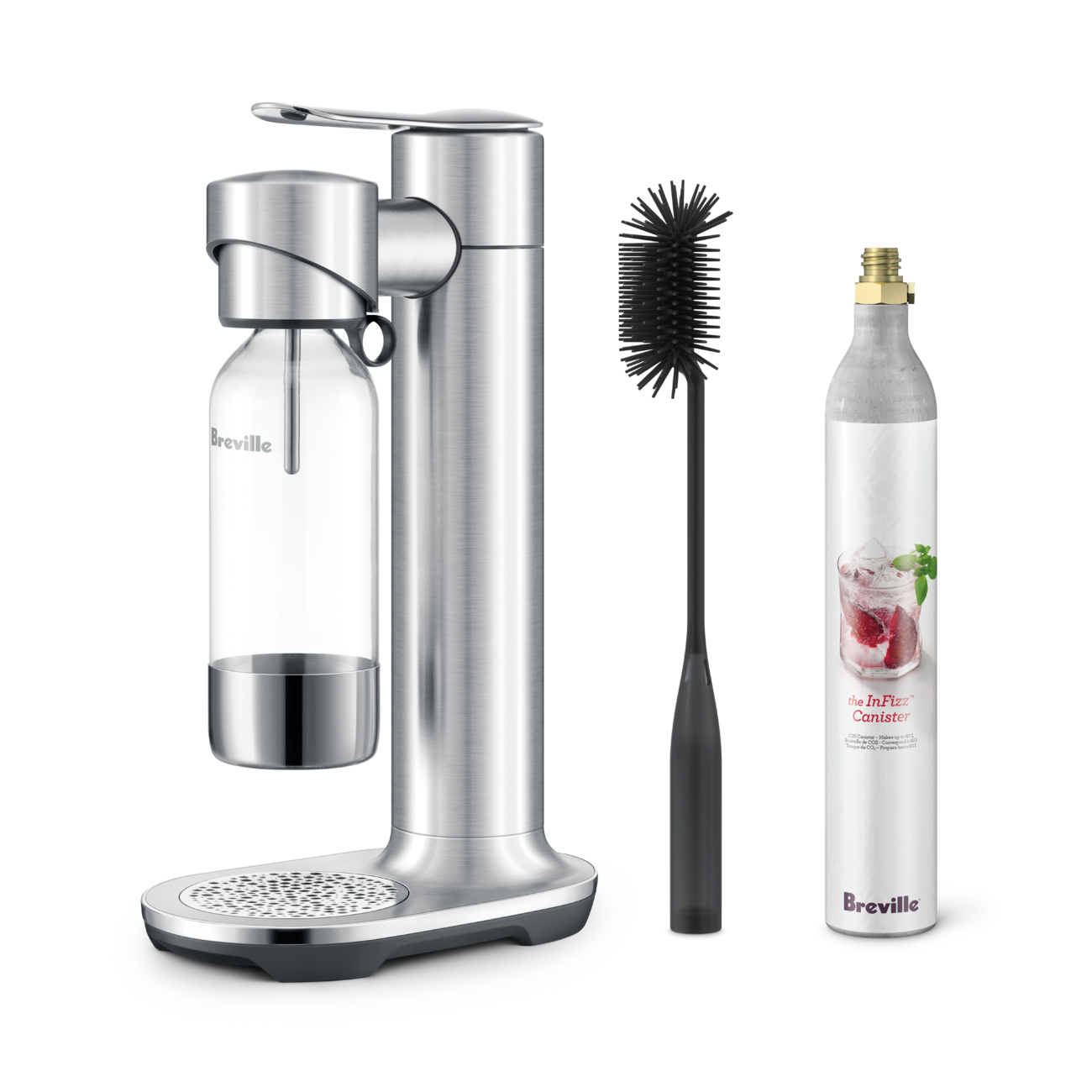 Breville InFizz Aqua Carbonated Water Maker - Brushed Stainless Steel Soda Machine for Sparkling Water, Homemade Soda & Cocktails | Perfect for Home, Office & Party Use