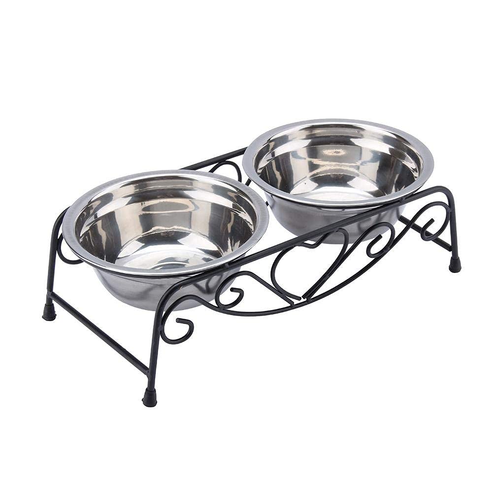 **AUNMAS Elevated Stainless Steel Pet Bowls - Double Raised Dog & Cat Food Water Bowls with Stand, 10x5.5x3.3 Inch - Perfect for Small Pets Feeding at Home or Travel**