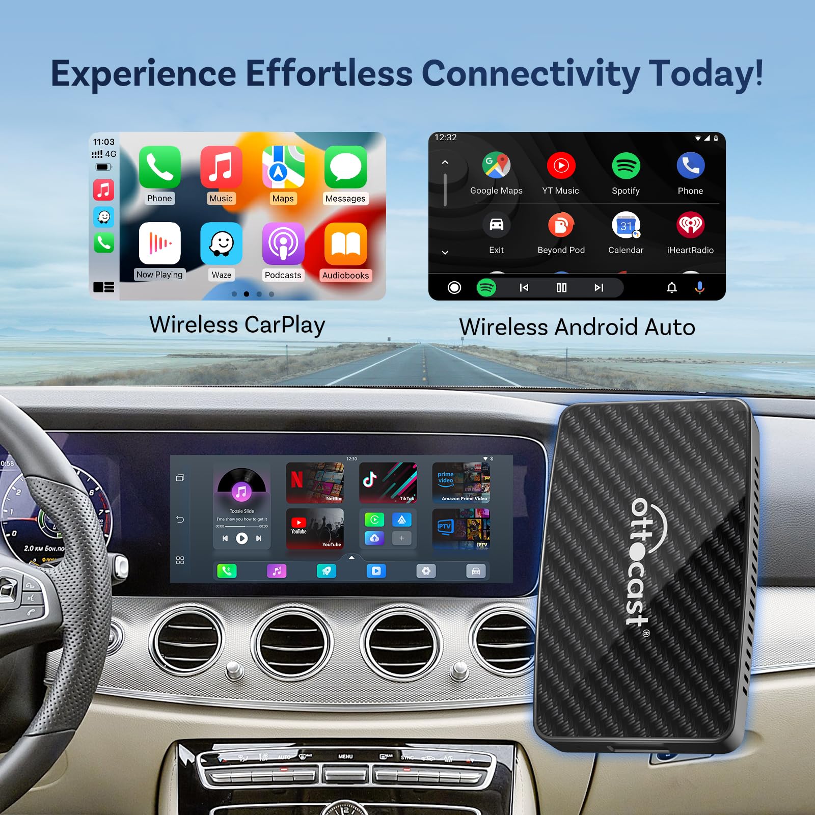 OTTOCAST Play2Video Pro - 3-in-1 Wireless CarPlay & Android Auto Adapter with Built-in Apps (YouTube, Netflix, Prime Video) | Android CarPlay AI Box for Seamless In-Car Entertainment | Perfect for Road Trips, Commuting & Streaming On-The-Go