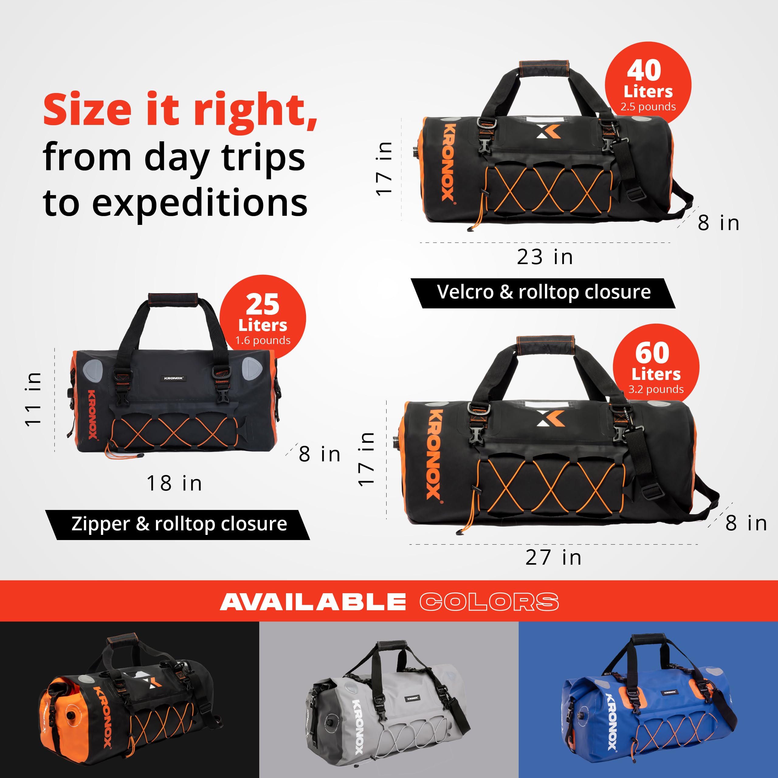KRONOX Waterproof Motorcycle Duffle Bag - 25L/40L/60L Travel Luggage, Dry Gear Bag for Back Seat, Tail & Rack - Perfect for Camping, Commuting & Adventure Rides