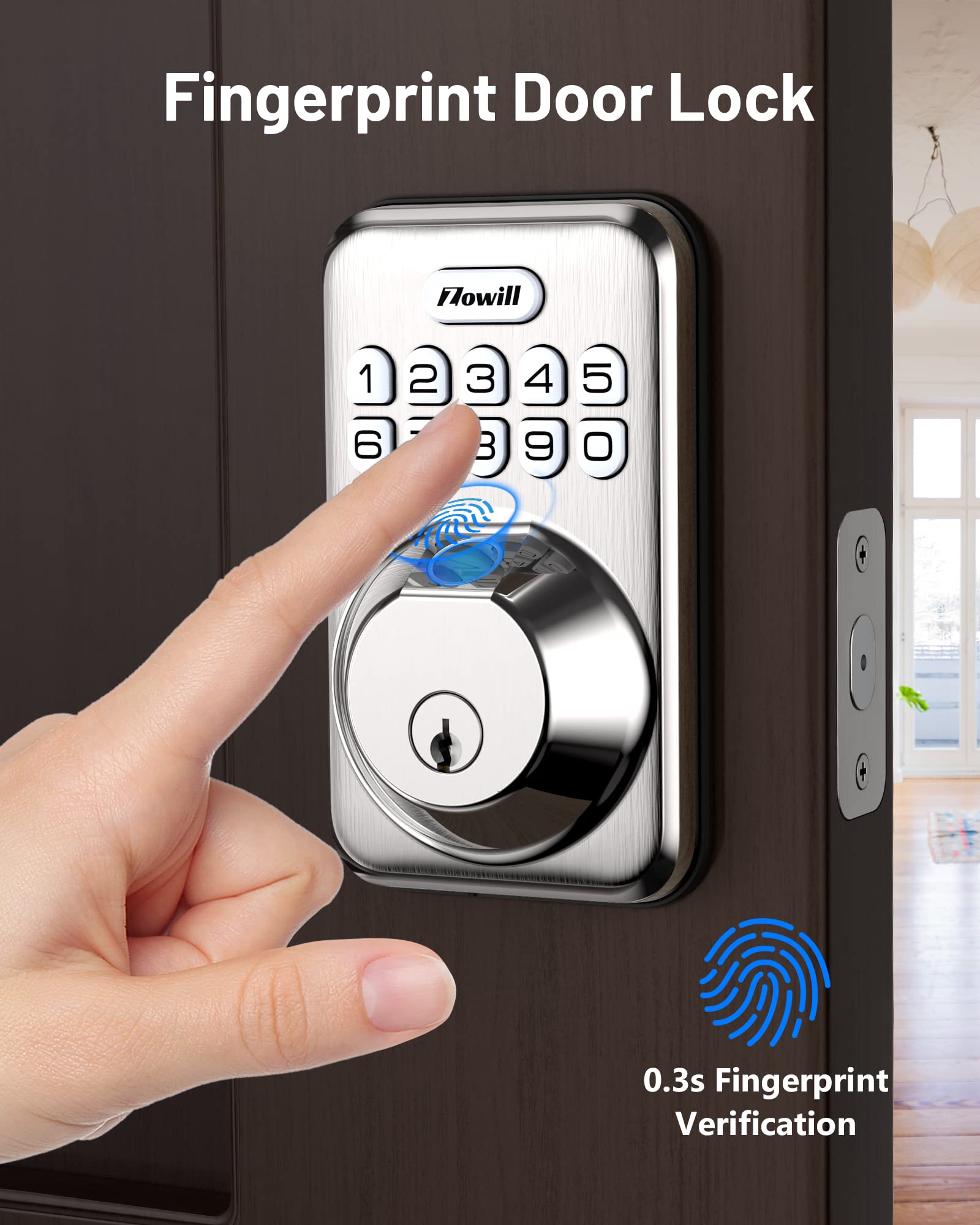 Zowill Smart Fingerprint Door Lock - Keyless Entry Deadbolt with 20 Biometric Fingerprints, Auto Lock & One-Touch Locking - Easy Install Electronic Keypad - Satin Nickel Finish | Perfect for Homes, Apartments, Offices & Vacation Rentals