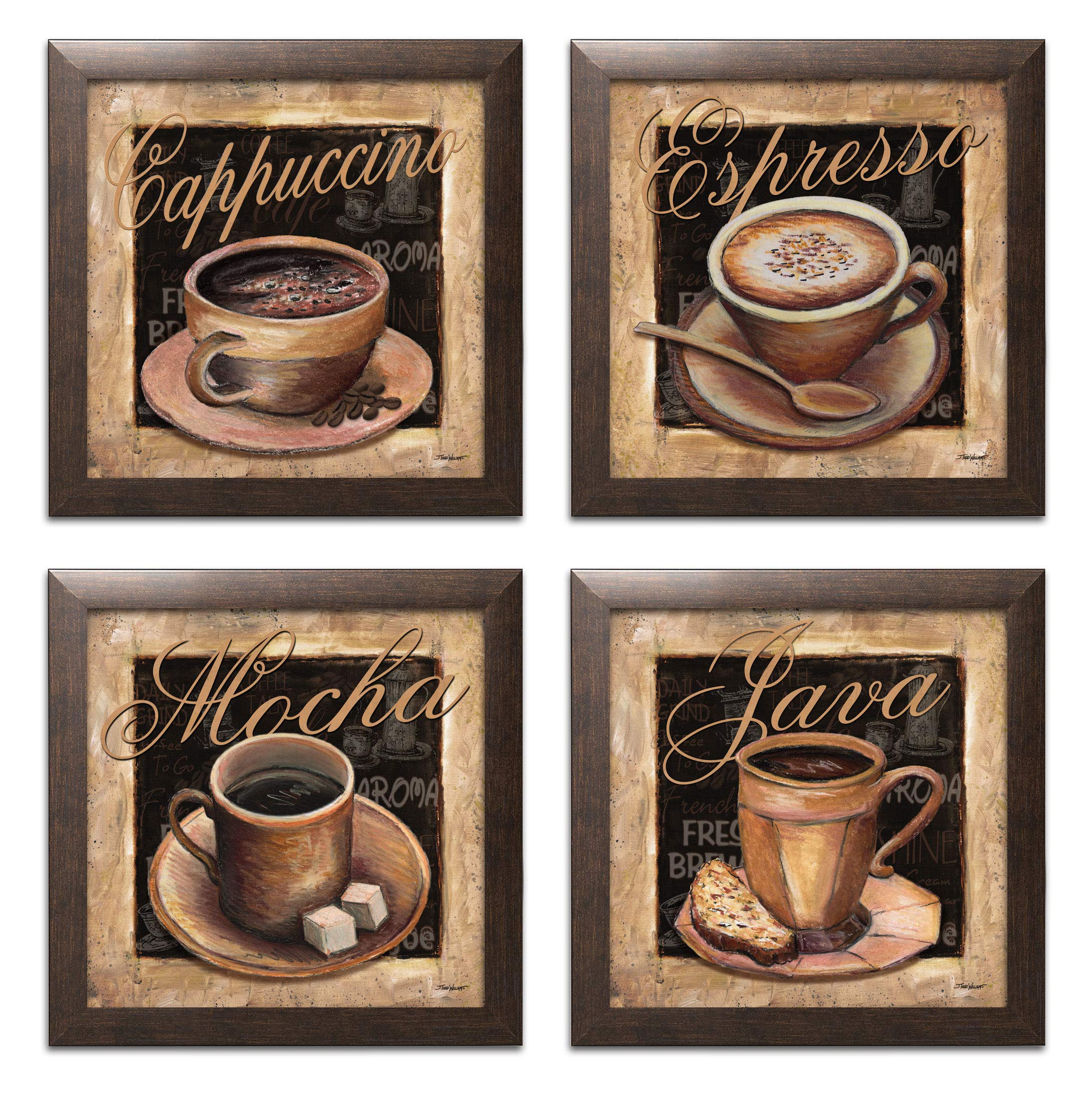 Vintage Coffee Art Prints Set of 4 - Mocha, Cappuccino, Espresso & Java Signs - 12x12 Inch Brown Framed Wall Decor for Kitchen, Cafe & Office - Ready to Hang Coffee Lover Gifts