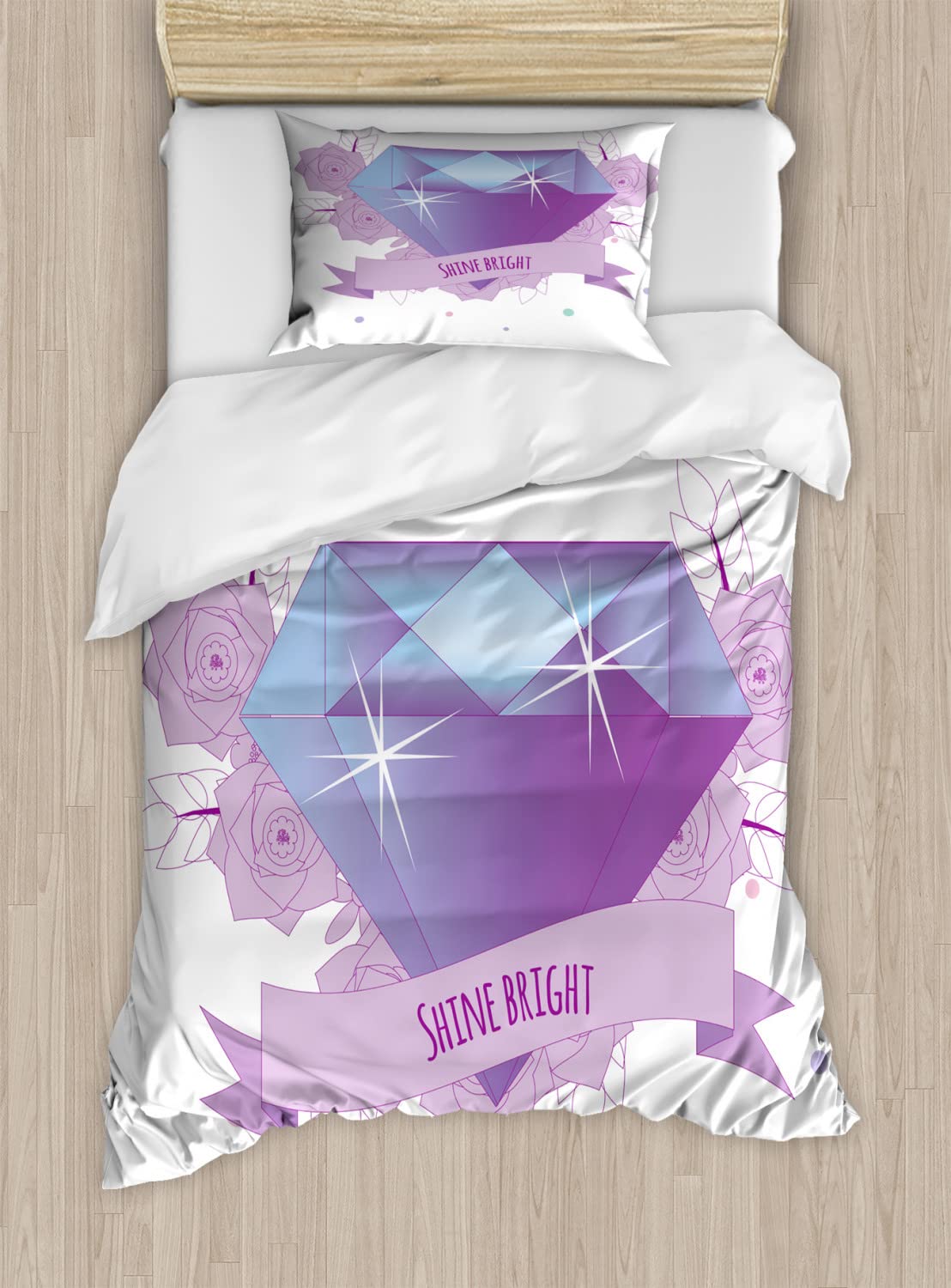 Ambesonne Twin Size Duvet Cover Set - 2 Pack with 2 Duvet Covers & 2 Pillowcases, Floral Crystal Diamond Design in Lavender Violet, Soft Bedding for Girls Room Decor | Perfect for Teen Bedrooms, Dorm Essentials & Gift Ideas