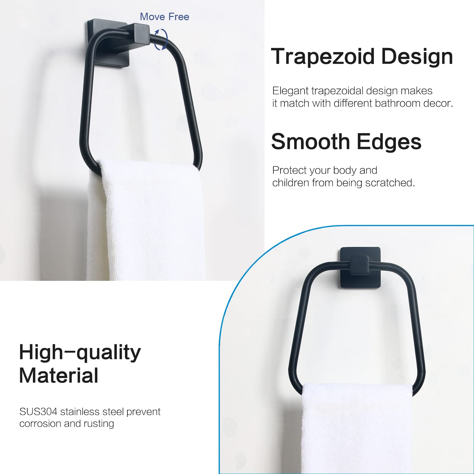 HouseAid Stainless Steel Trapezoid Towel Holder - Wall Mounted Bathroom Towel Ring for Hand & Face Towels - Modern Matte Black Finish - Perfect for Bathrooms, Kitchens & Guest Rooms