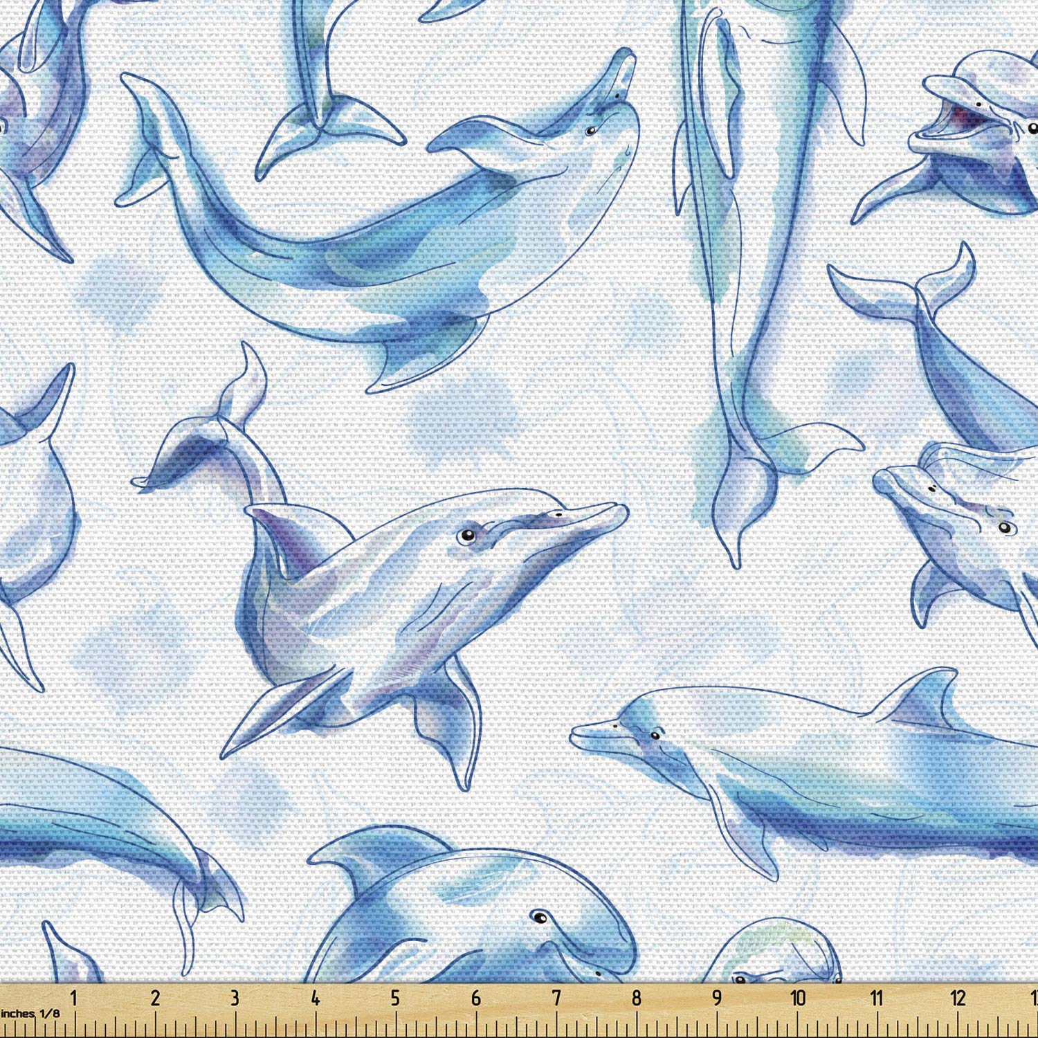 Ambesonne Sea Animals Fabric by The Yard - Sketch of Bottlenose Dolphins Playing in Ocean, Turquoise & White Decorative Upholstery Fabric for Sofa, Curtains, Pillows (10 Yards) - Perfect for Coastal Home Decor & Marine-Themed DIY Projects