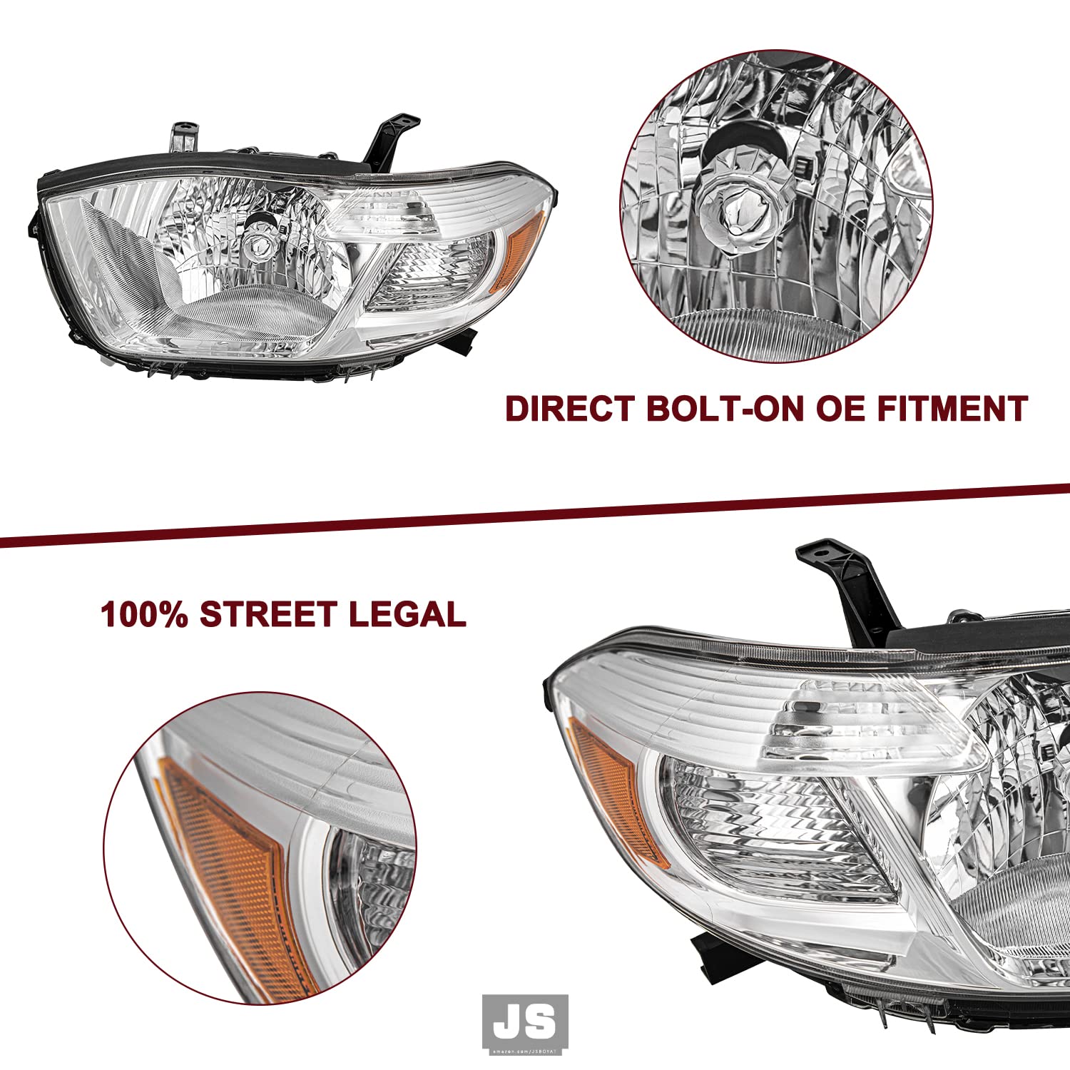 JSBOYAT Headlight Assembly Replacement for 2008-2010 Toyota Highlander - Driver & Passenger Side - Perfect for Night Driving & Foggy Conditions