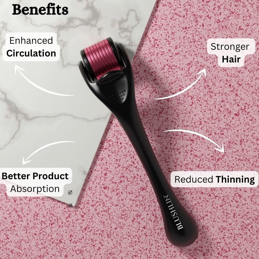 Blushlin Derma Roller 1.0mm for Hair Growth - 540 Titanium Micro Needles | Reduce Hair Loss & Stimulate Follicles | Safe & Effective Hair Regrowth Treatment | Perfect for At-Home Scalp Care & Thinning Hair Solutions