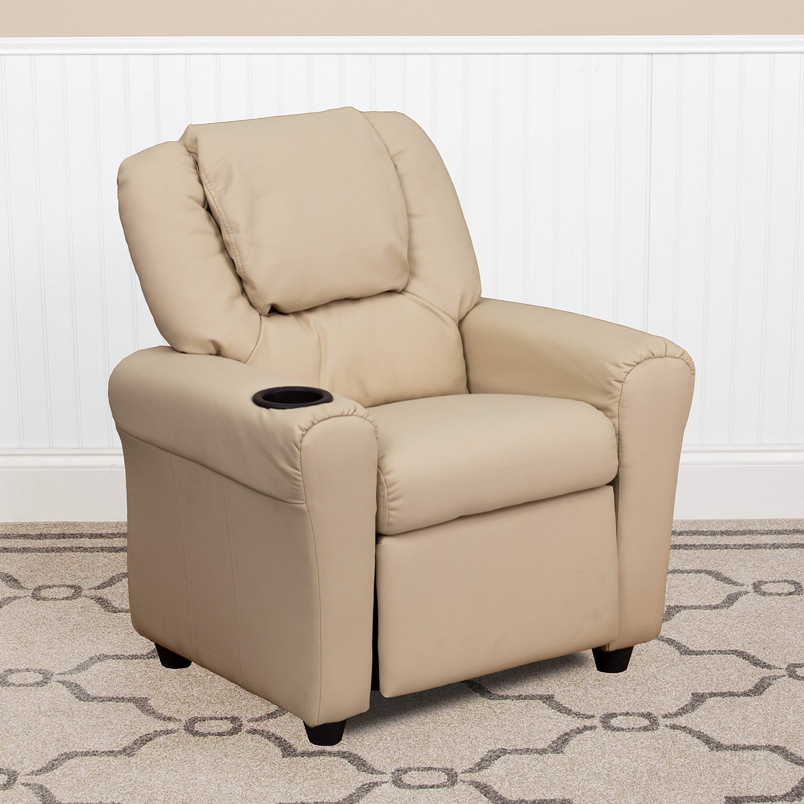 Emma & Oliver Beige Vinyl Kids Recliner Chair with Cup Holder & Headrest - Comfortable Children's Lounge Chair for Playroom, Bedroom or TV Watching