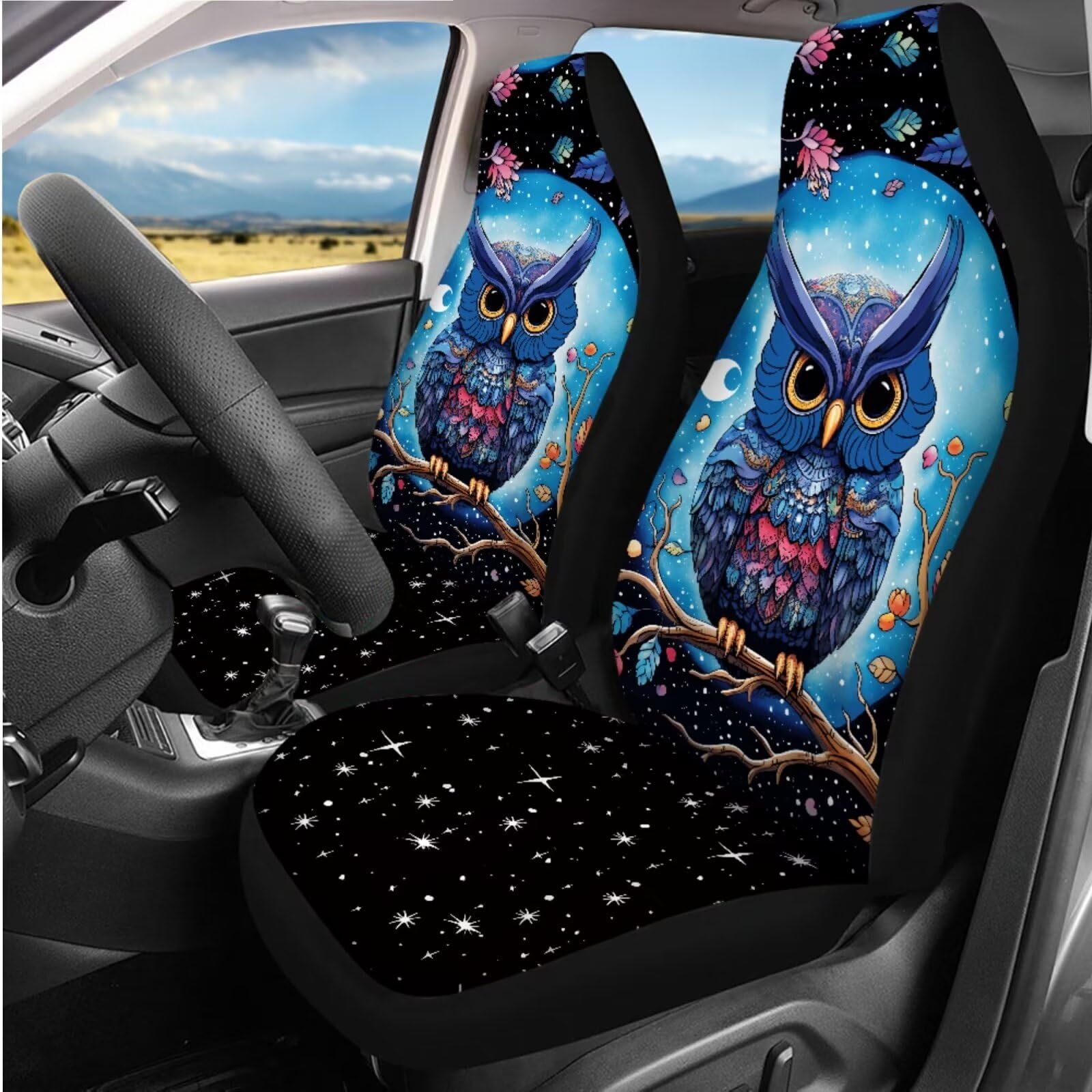 Galaxy Owl Car Seat Covers Full Set - Premium Steering Wheel Cover, Trunk Liner & Seat Belt Pads for Women (Black) - Perfect for SUVs, Sedans & Road Trips - Car Interior Accessories Set with Coasters & Keychains