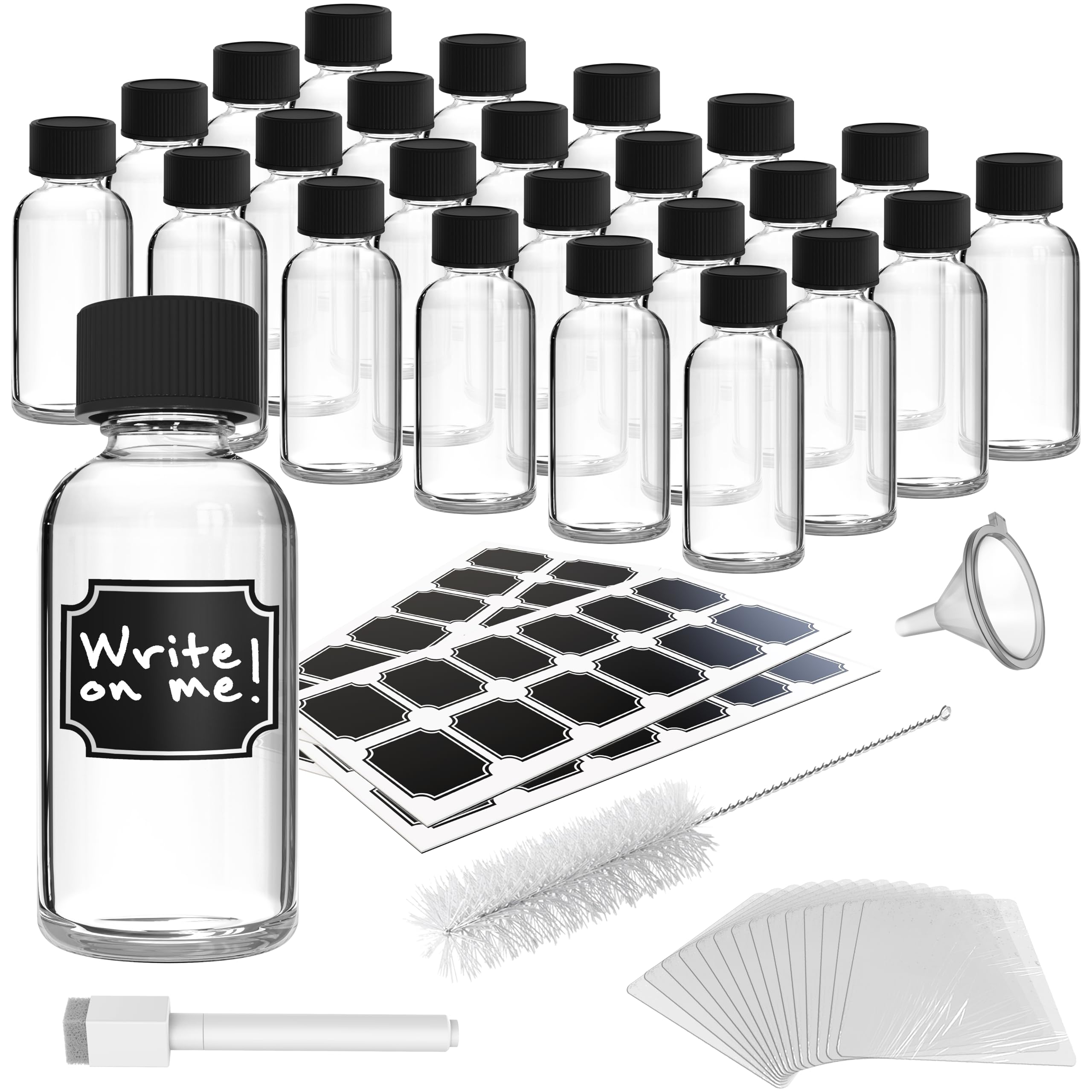 Nevlers 24-Pack 2 Oz Leakproof Glass Bottles with Lids - Travel Size Containers for Ginger Shots, Essential Oils & Liquids | Includes Shrink Wrap, Funnel, Labels, Marker & Cleaning Brush | Perfect for Home, Travel & DIY Projects