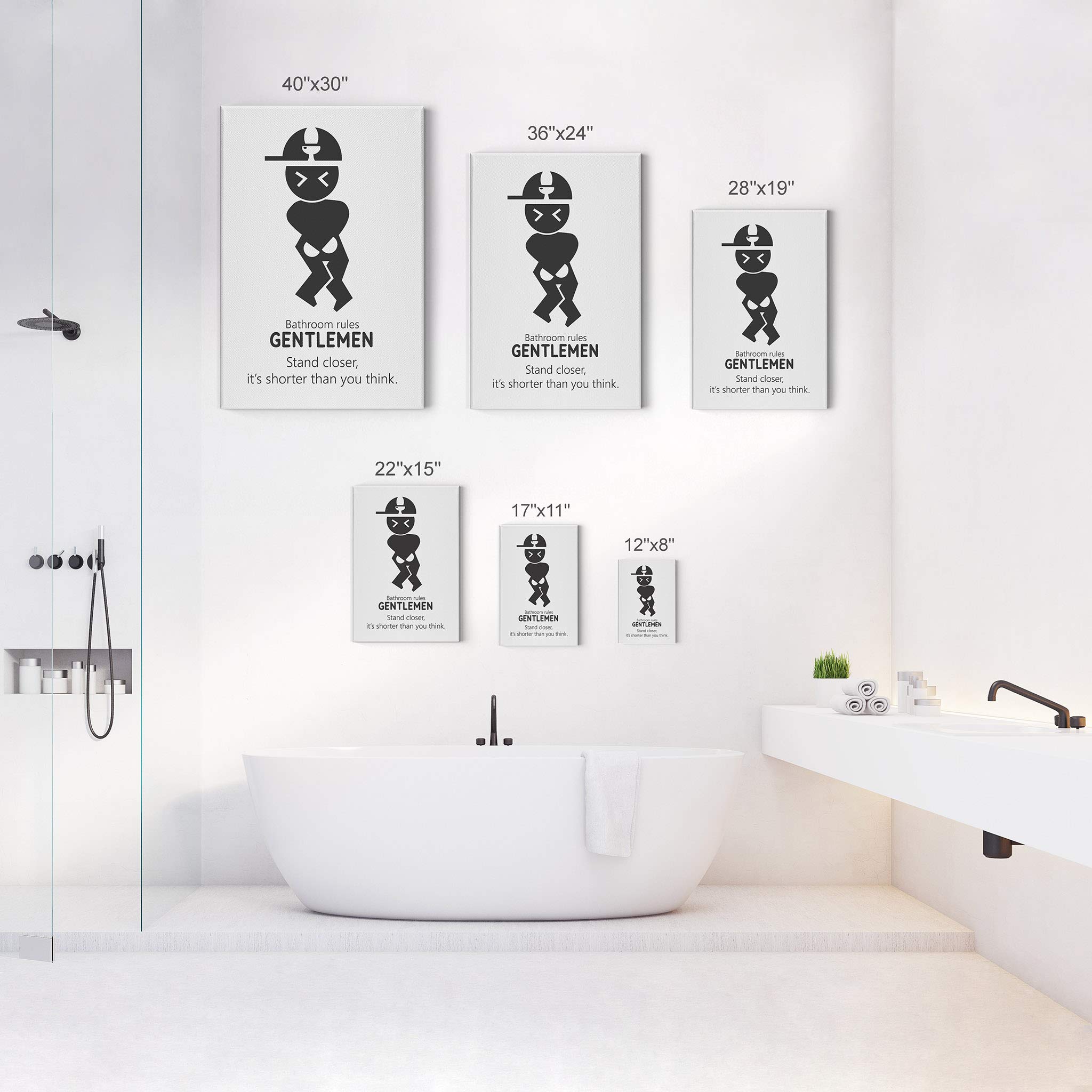 Funny Bathroom Rules Canvas Print - 'Gentlemen Stand Closer It's Shorter Than You Think' - Ready to Hang Bathroom Wall Decor (36x24 Inches) - Perfect for Home, Office, or Man Cave Humor - Made in USA