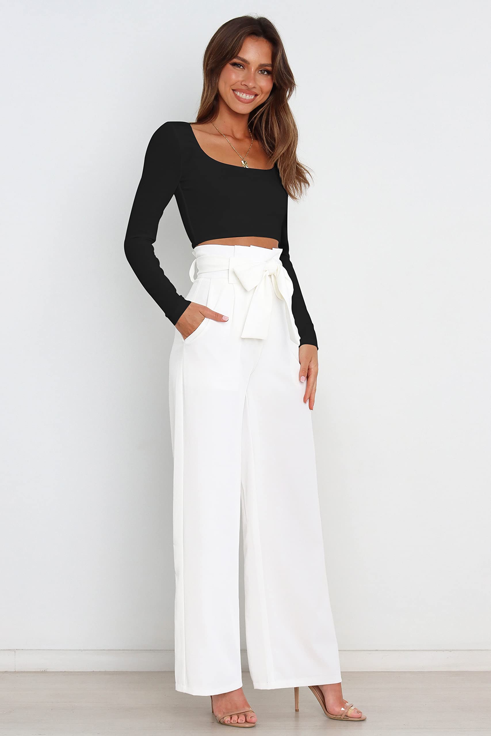 Women's High Waisted Wide Leg Palazzo Pants - Casual Belted Dress Pants for Work, Office & Travel - Comfortable Stretch Trousers for Everyday Wear