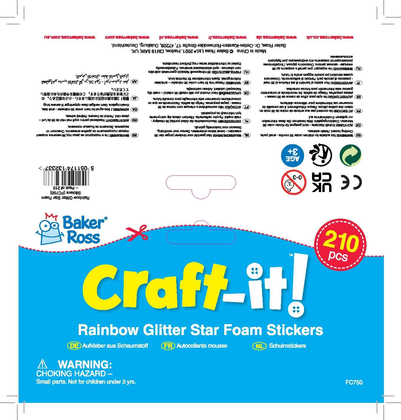 Baker Ross FC750 Rainbow Glitter Star Foam Stickers - Pack of 100 Self-Adhesive Craft Stickers for Kids, DIY Scrapbooking, School Projects & Party Decorations | Perfect for Classroom Activities, Birthday Parties & Arts and Crafts
