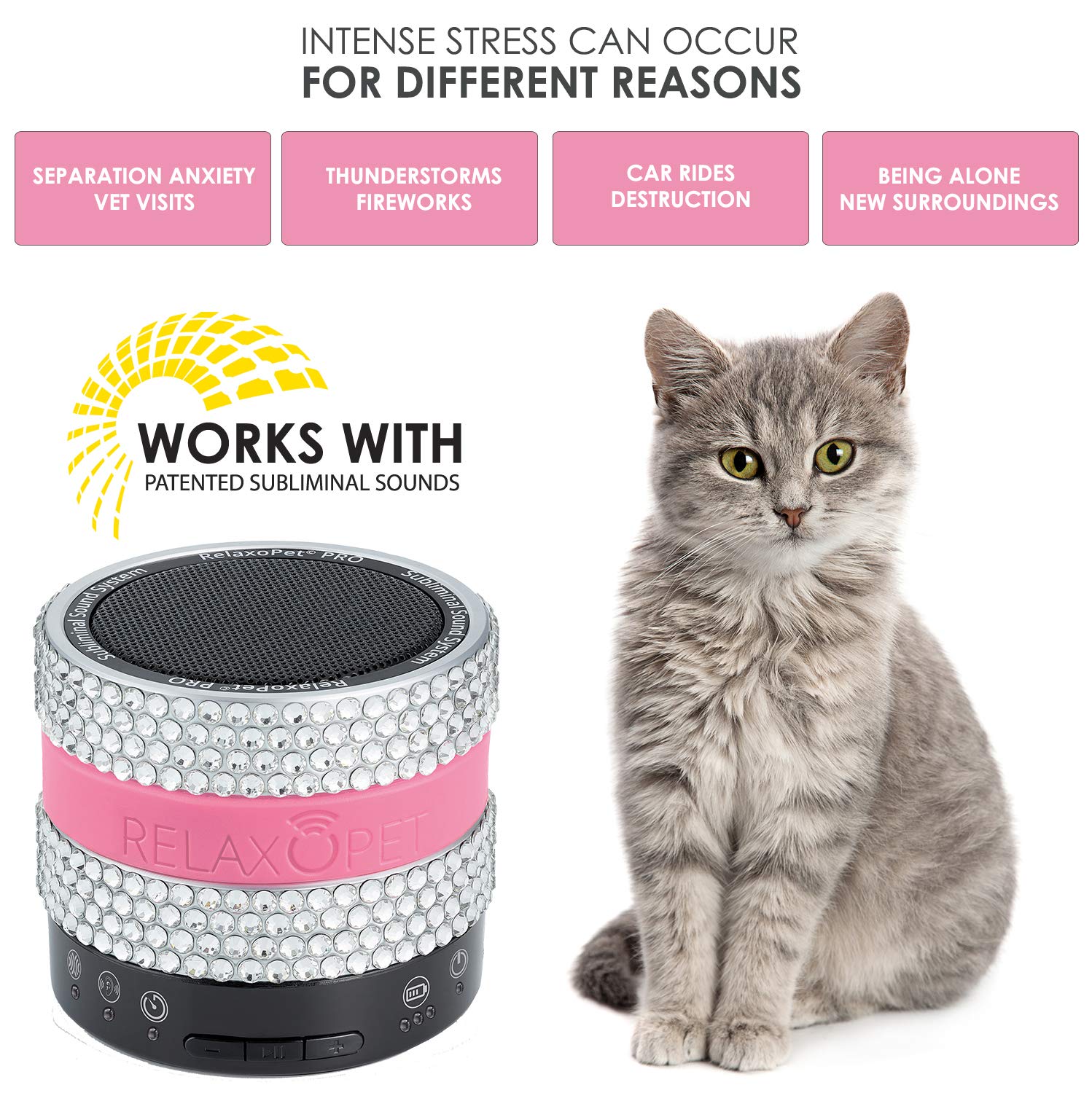 PRO Glam Cat Anxiety Relief Device - Calming Trainer for Cats to Reduce Stress, Destructive Behavior, Spraying & Scratching | Subliminal Relaxation Technology for Anxious Pets - Perfect for Vet Visits, Travel & Multi-Cat Households