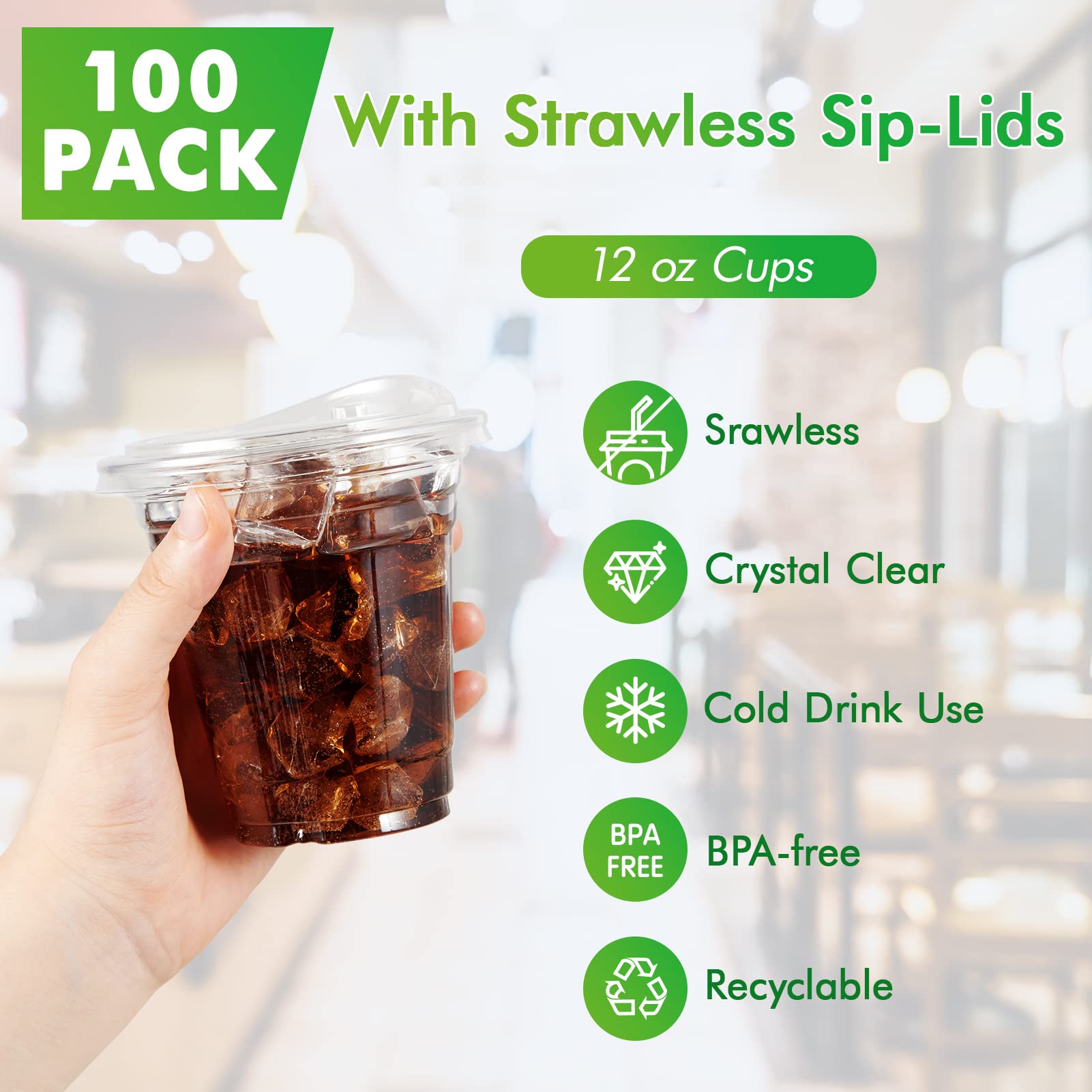Lilymicky 100-Pack 12 oz Clear Disposable Plastic Cups with Strawless Sip Lids - Perfect for Iced Coffee, Smoothies, Slurpees & Cold Drinks - Ideal for Parties, Picnics, BBQs & Office Use