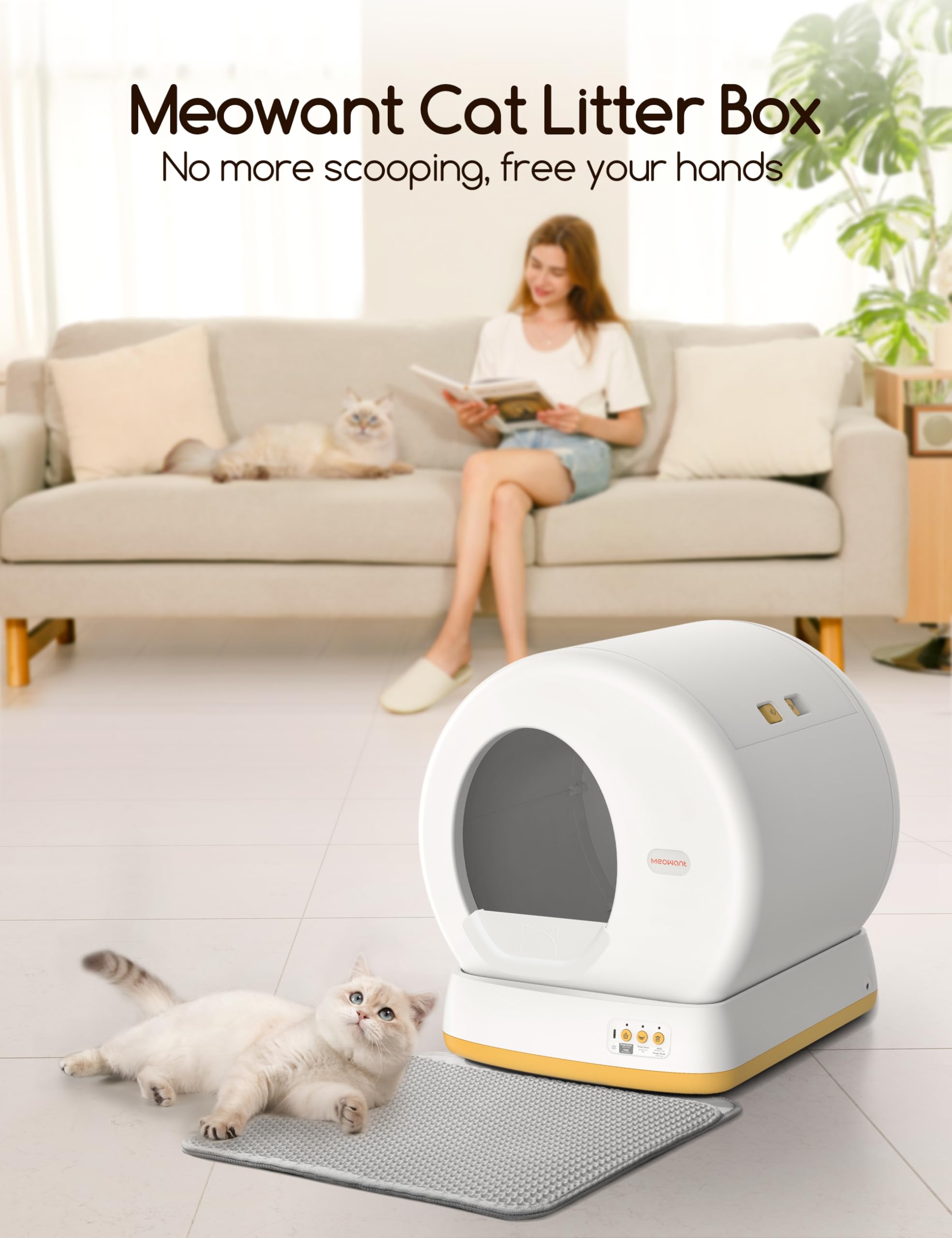 MeoWant Self-Cleaning Cat Litter Box with Odor Control & APP Control - Extra Large Automatic Litter Box for Multiple Cats - Smart Safety System with Mat & Liner (Yellow) - Perfect for Home, Apartment & Pet Owners