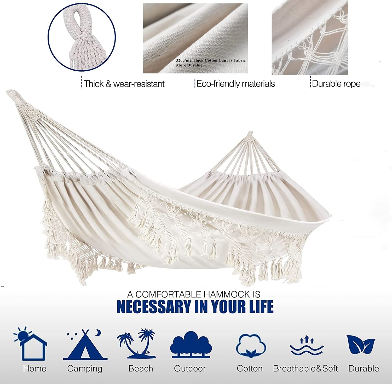 Premium Cotton Double Hammock for 2 Persons - 480lbs Capacity, Handmade with Macrame Fringe & Boho Tassels - Perfect for Outdoor Relaxation in Garden, Backyard, Beach, Patio or Balcony | Ideal for Camping, Picnics and Summer Lounging