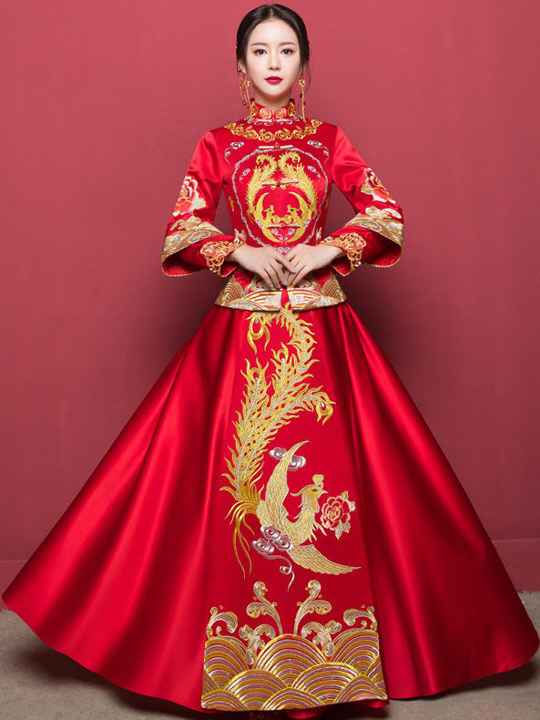 Embroidered Phoenix Qun Kwa Chinese Wedding Dress - Traditional Red Bridal Gown for Asian Ceremonies & Tea Parties - Perfect for Weddings, Cultural Events, and Photoshoots