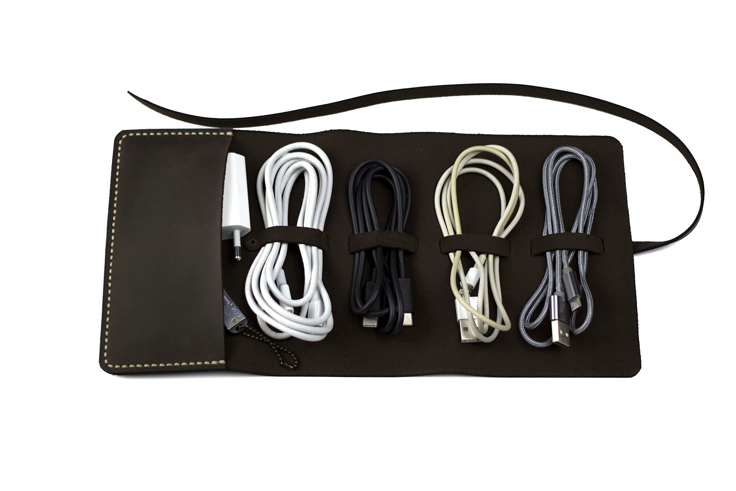 Premium Leather Cord Organizer Wrap - Cable Bag Roll Holder for Earphones & Travel Accessories (Brown) | Perfect for Travel, Office & Home Organization - Y2S