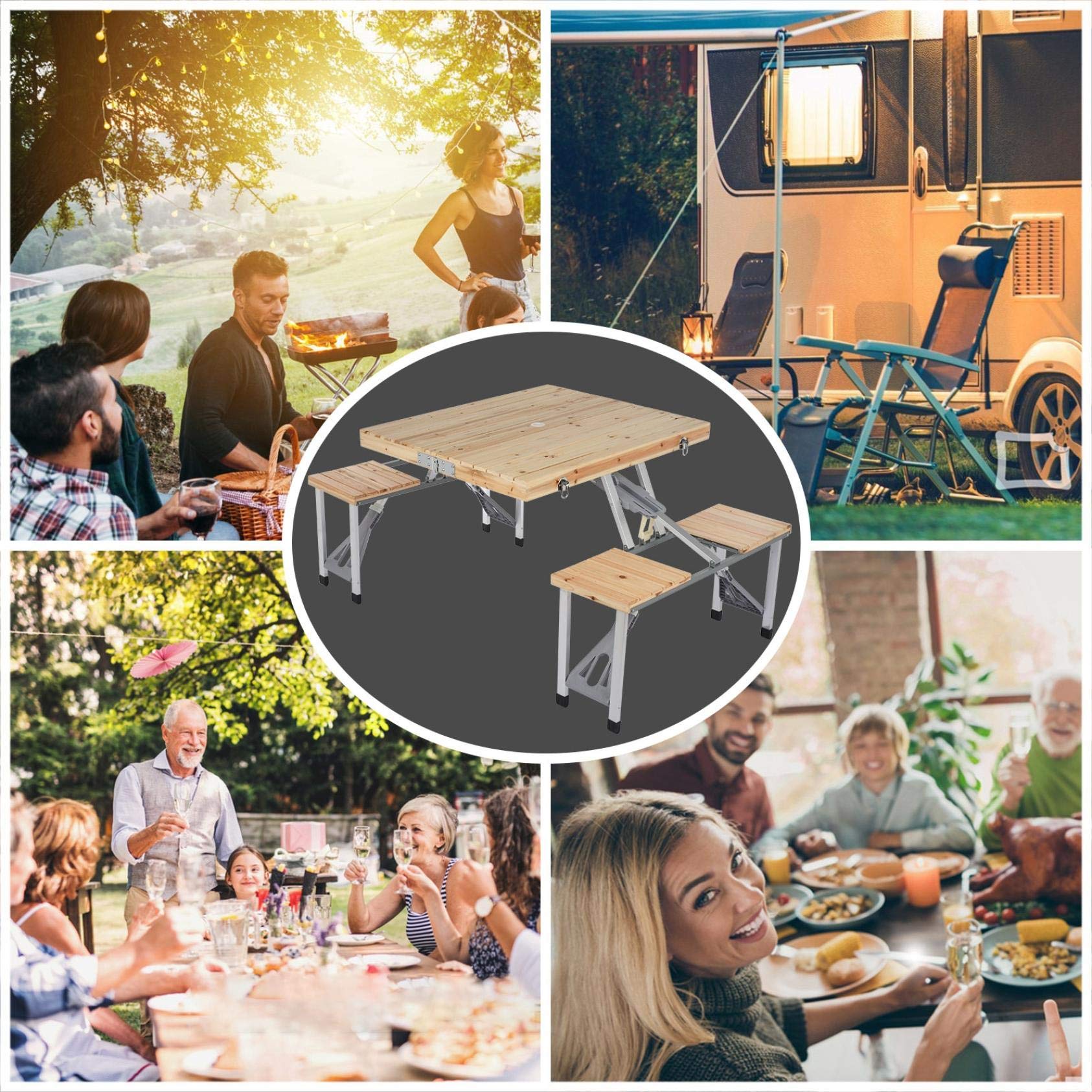 Portable Folding Picnic Table and Chairs Set with Umbrella - 4 Seat Wooden Outdoor Dining Furniture for Camping, BBQ, Backyard Parties, Patio & Picnic Use | Perfect for Family Gatherings, Beach Outings and Garden Events