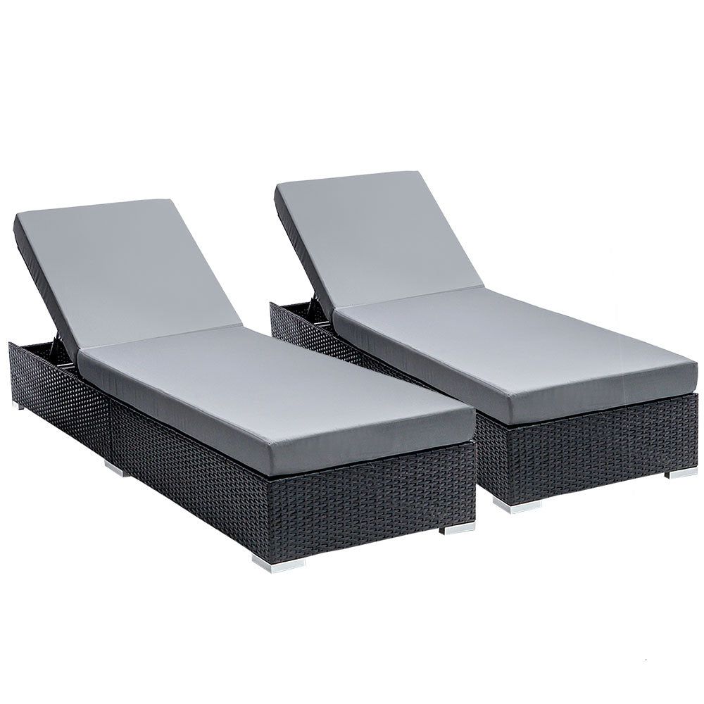 Gardeon Sun Lounge Wicker Lounger - Outdoor Rattan Garden Daybed Sofa Set of 2 in Black - Perfect for Patio, Poolside, and Backyard Relaxation