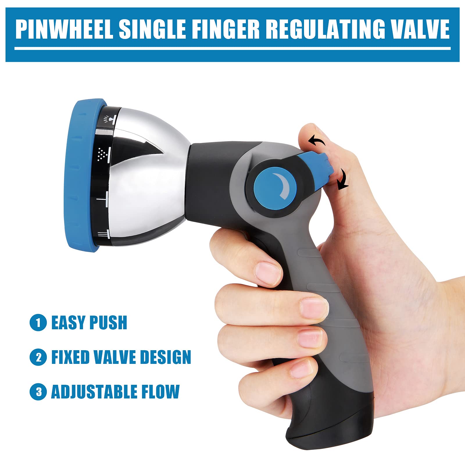PinWheel Heavy Duty Thumb Control Garden Hose Nozzle - 9 Adjustable Spray Patterns, High Pressure Water Sprayer for Outdoor Plants, Car Washing & Lawn Care - Durable Metal Hose Nozzle for Gardening & Cleaning