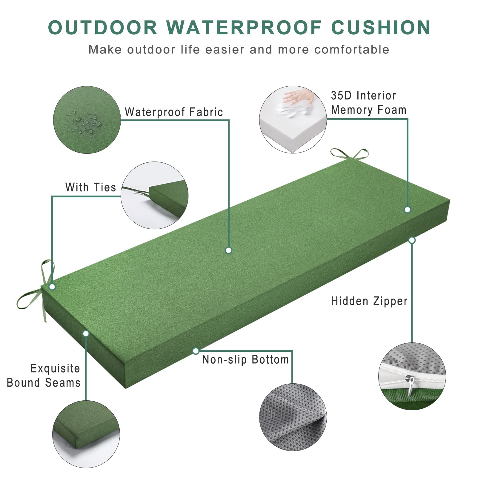Premium Waterproof Outdoor Bench Cushion - Non-Slip Patio Furniture Cushion for Swing, Couch & Window Seat - 15.7