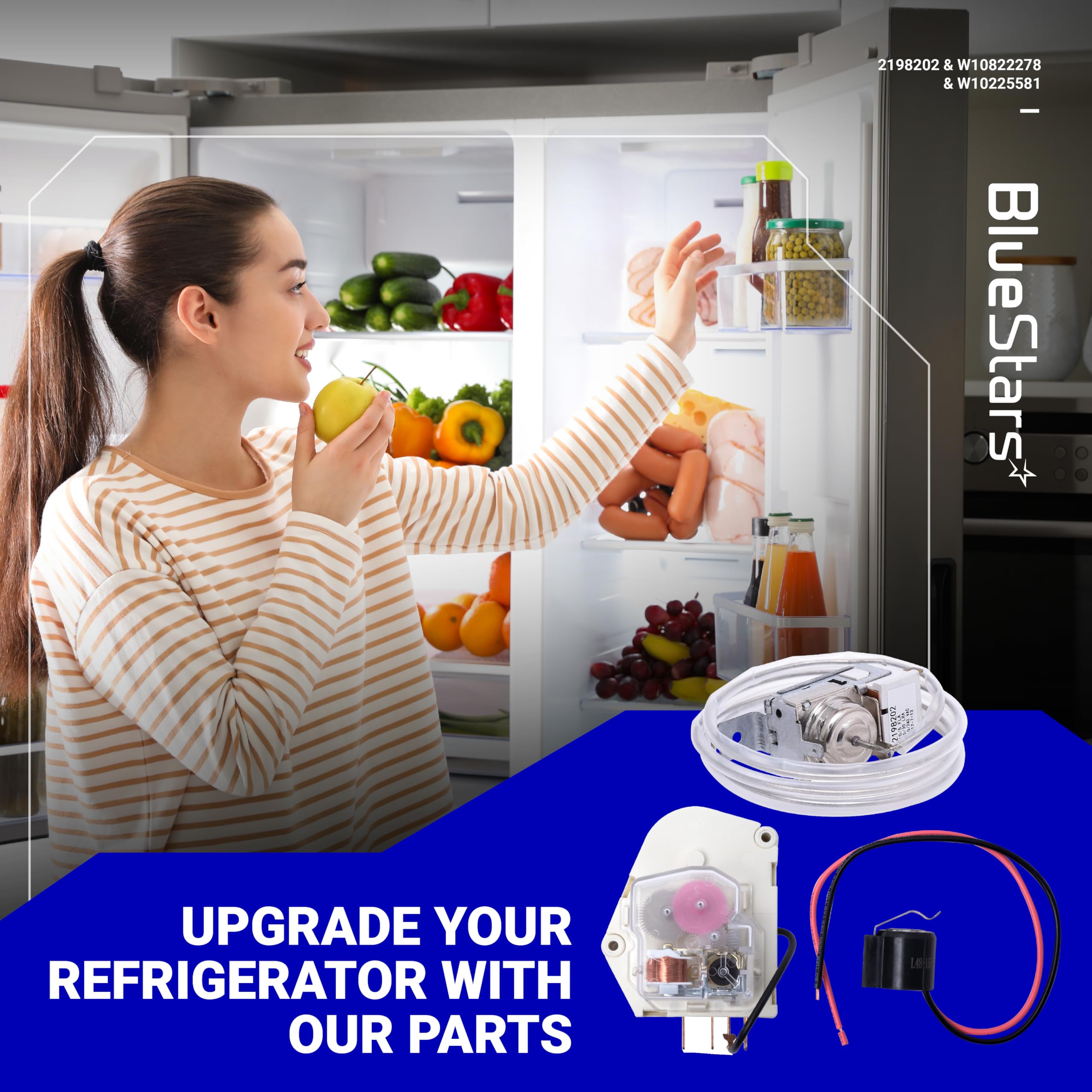BlueStars Refrigerator Defrost Thermostat Kit - W10822278 Defrost Timer & W10225581 Bimetal Thermostat Replacement for Whirlpool Kenmore Refrigerators - Cold Control Thermostat 2198202 - Perfect for Home Kitchen Appliance Repair & Maintenance
