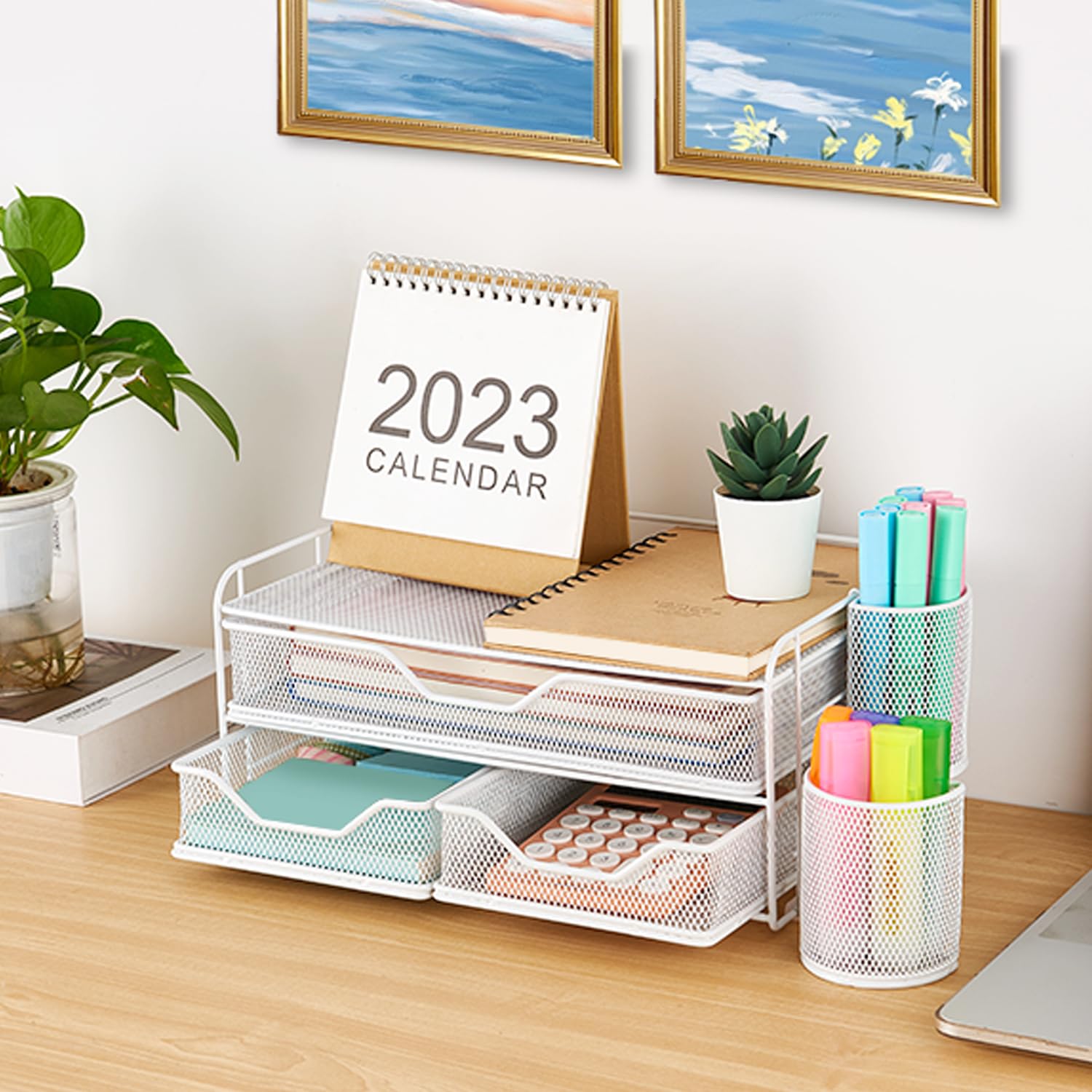 3 Tier Desk Drawer Organizer with 2 Pen Holders - White Office Desk Organizer for Home & Workspace - Perfect for Storing Stationery, Files and Office Supplies