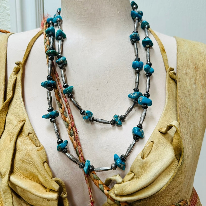 Vintage Double Strand Turquoise Navajo Bench Bead Necklace for Women | Handmade Native American Jewelry | Perfect for Boho Fashion, Weddings & Special Occasions
